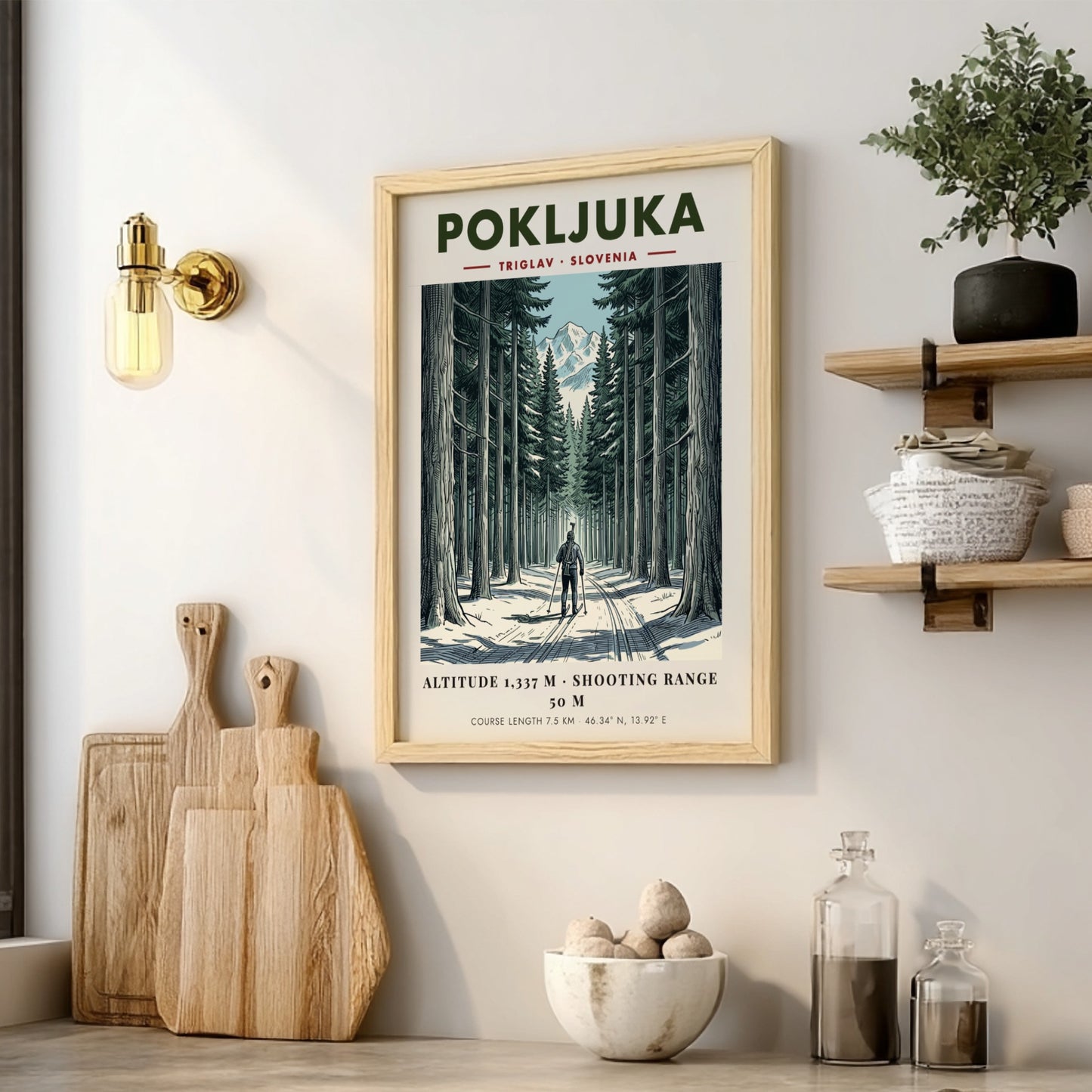 Poster showing a biathlete skiing through a dense snowy forest toward Mount Triglav.