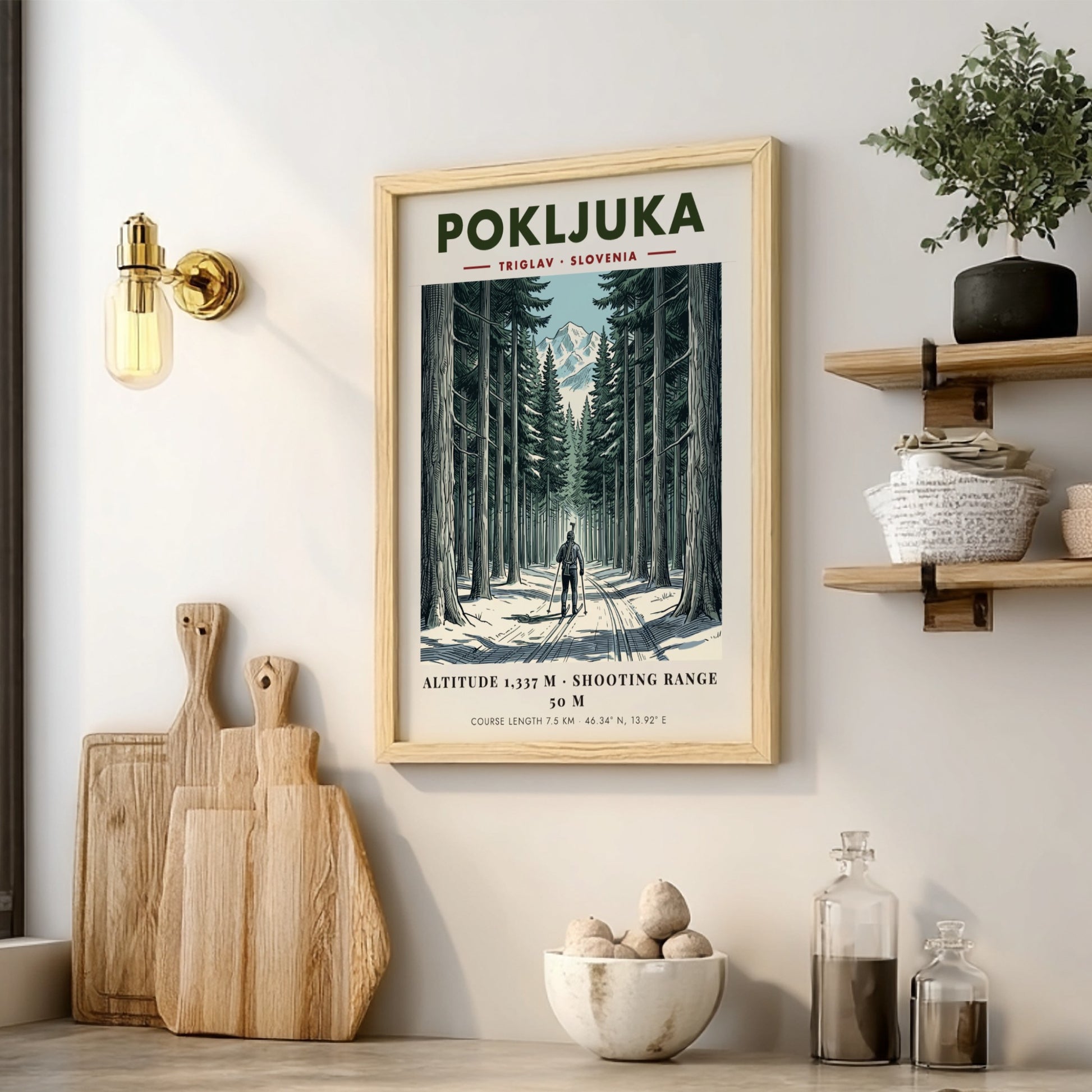 Poster showing a biathlete skiing through a dense snowy forest toward Mount Triglav.