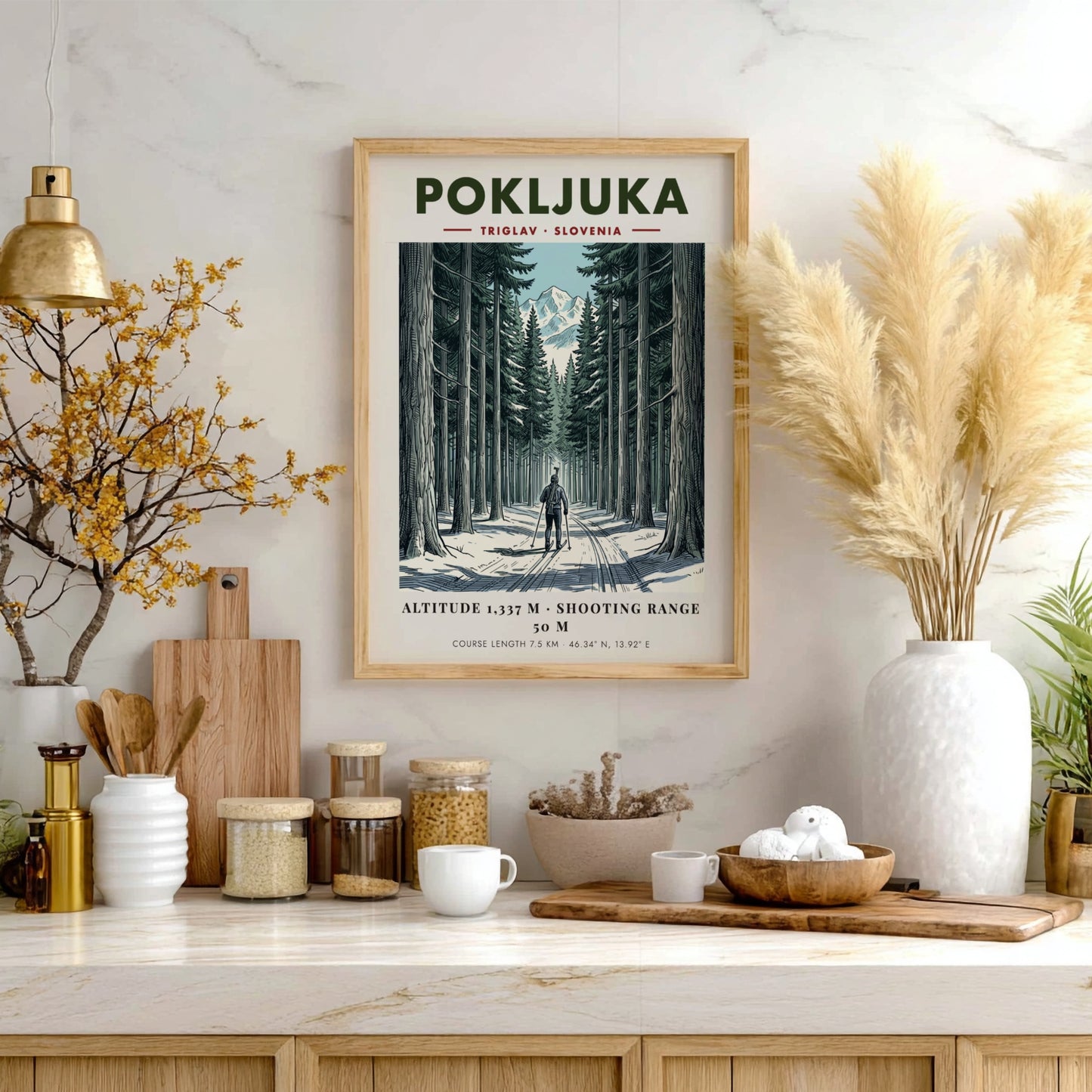 Poster showing a biathlete skiing through a dense snowy forest toward Mount Triglav.
