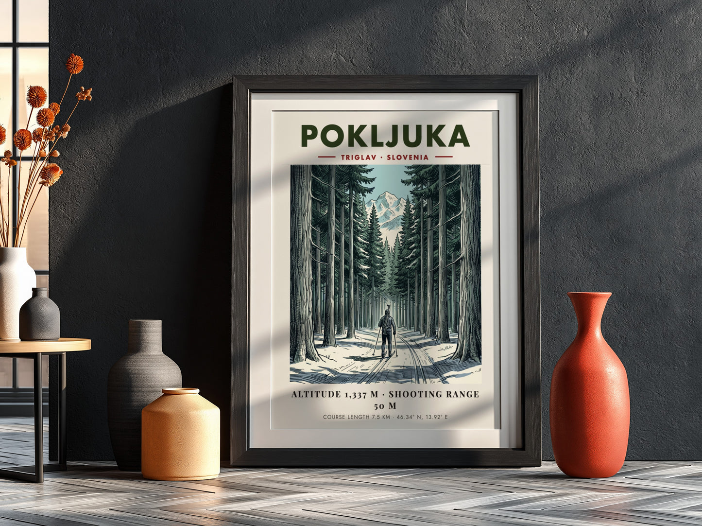 Poster showing a biathlete skiing through a dense snowy forest toward Mount Triglav.