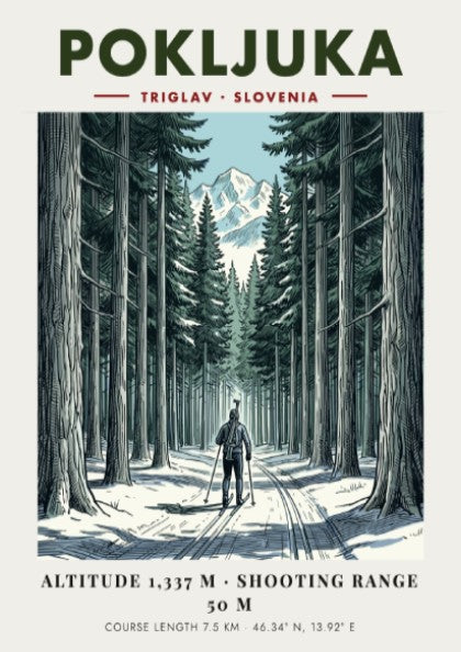 Poster showing a biathlete skiing through a dense snowy forest toward Mount Triglav.