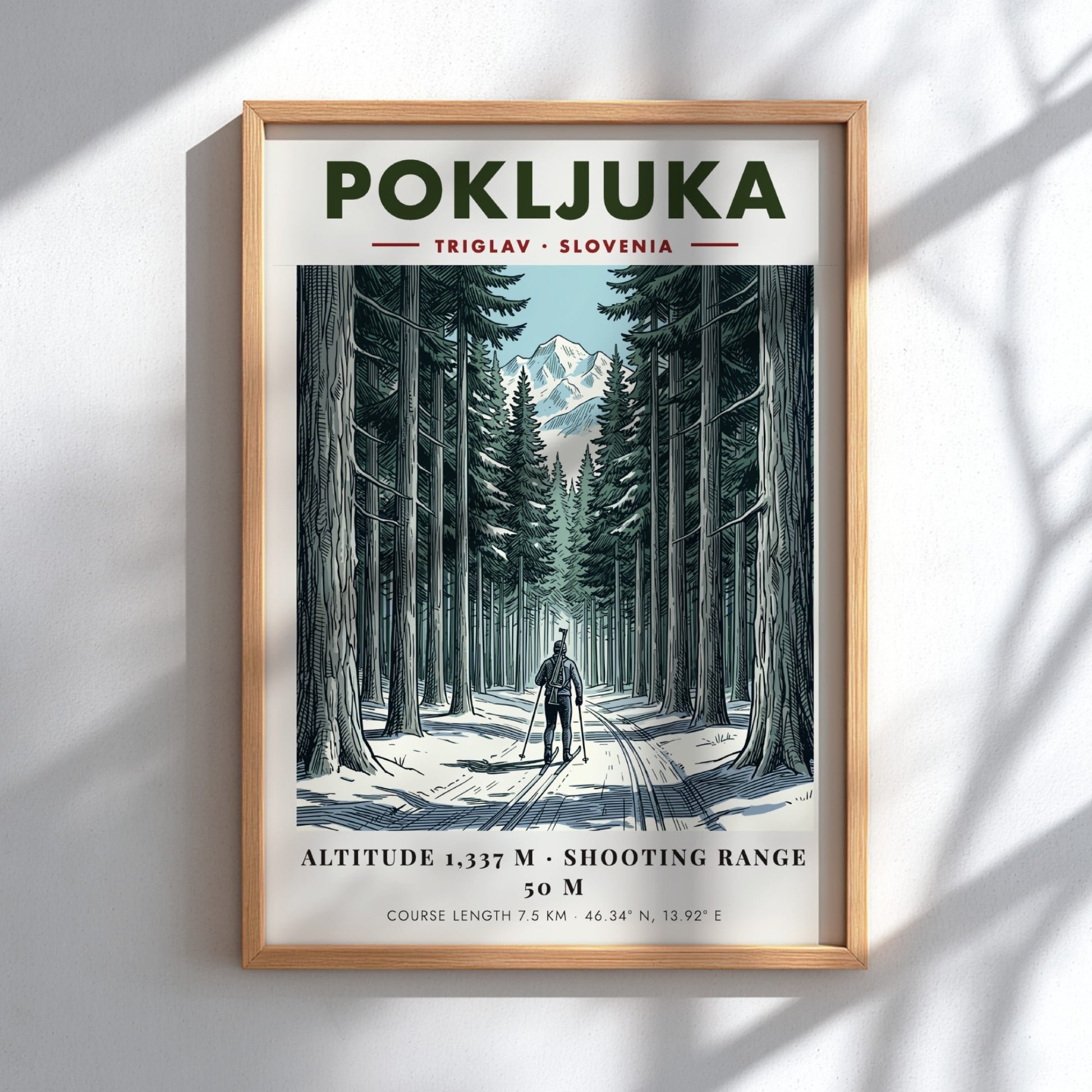 Poster showing a biathlete skiing through a dense snowy forest toward Mount Triglav.