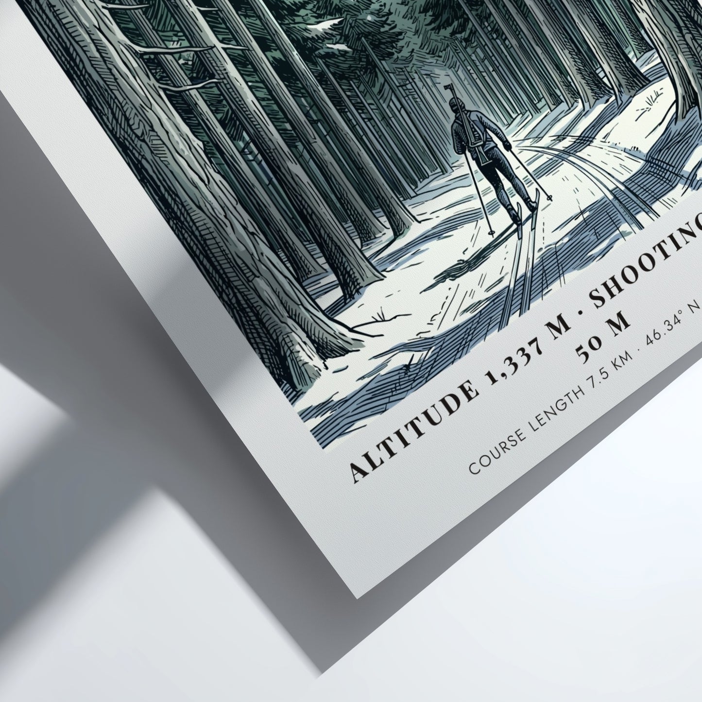 Poster showing a biathlete skiing through a dense snowy forest toward Mount Triglav.