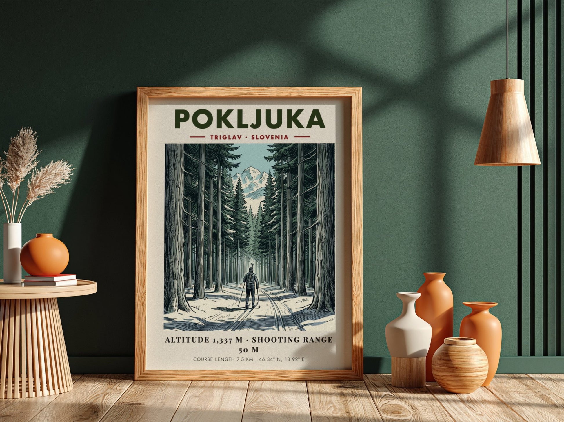 Poster showing a biathlete skiing through a dense snowy forest toward Mount Triglav.