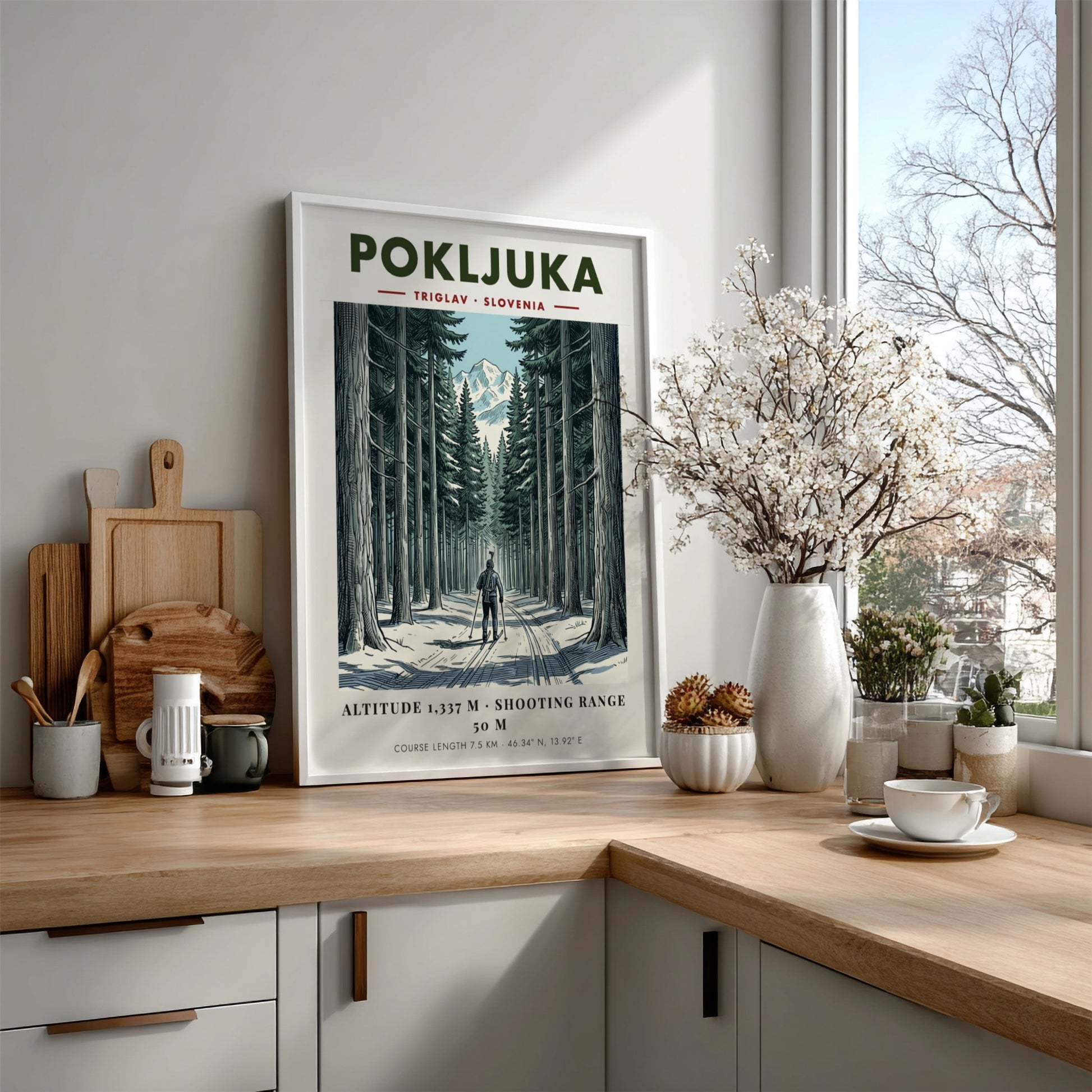 Poster showing a biathlete skiing through a dense snowy forest toward Mount Triglav.