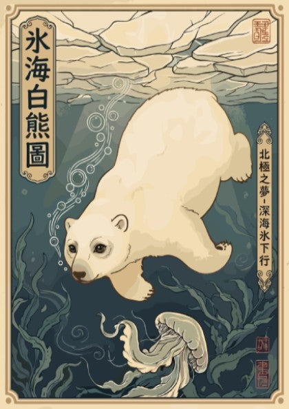 Poster of a polar bear swimming beneath ice with a jellyfish in blue tones.
