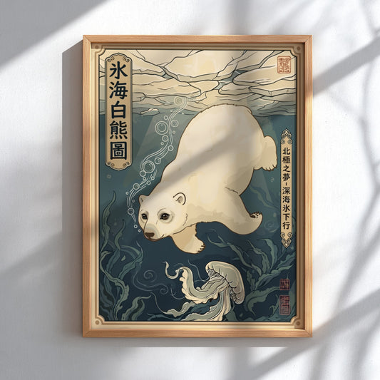 Poster of a polar bear swimming beneath ice with a jellyfish in blue tones.