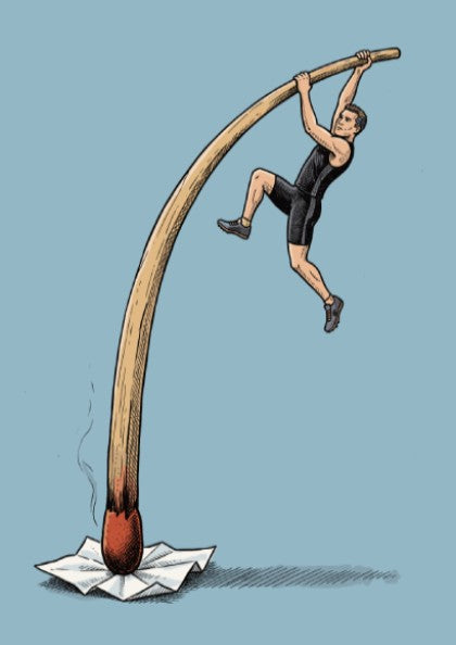 Poster featuring a pole vaulter using a burning matchstick as a vaulting pole