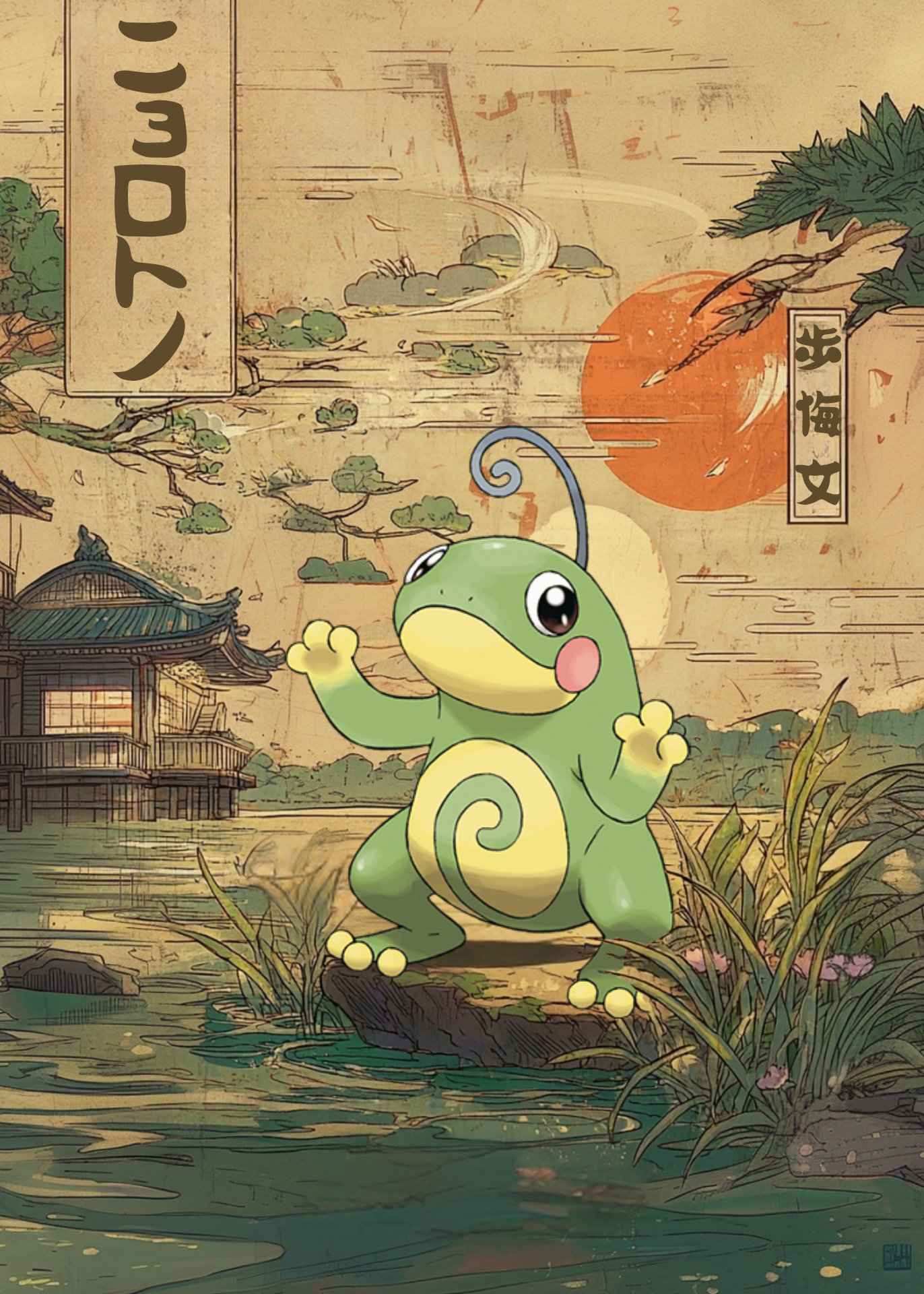 Politoed Pokemon on a traditional Japanese landscape with a sun and building.