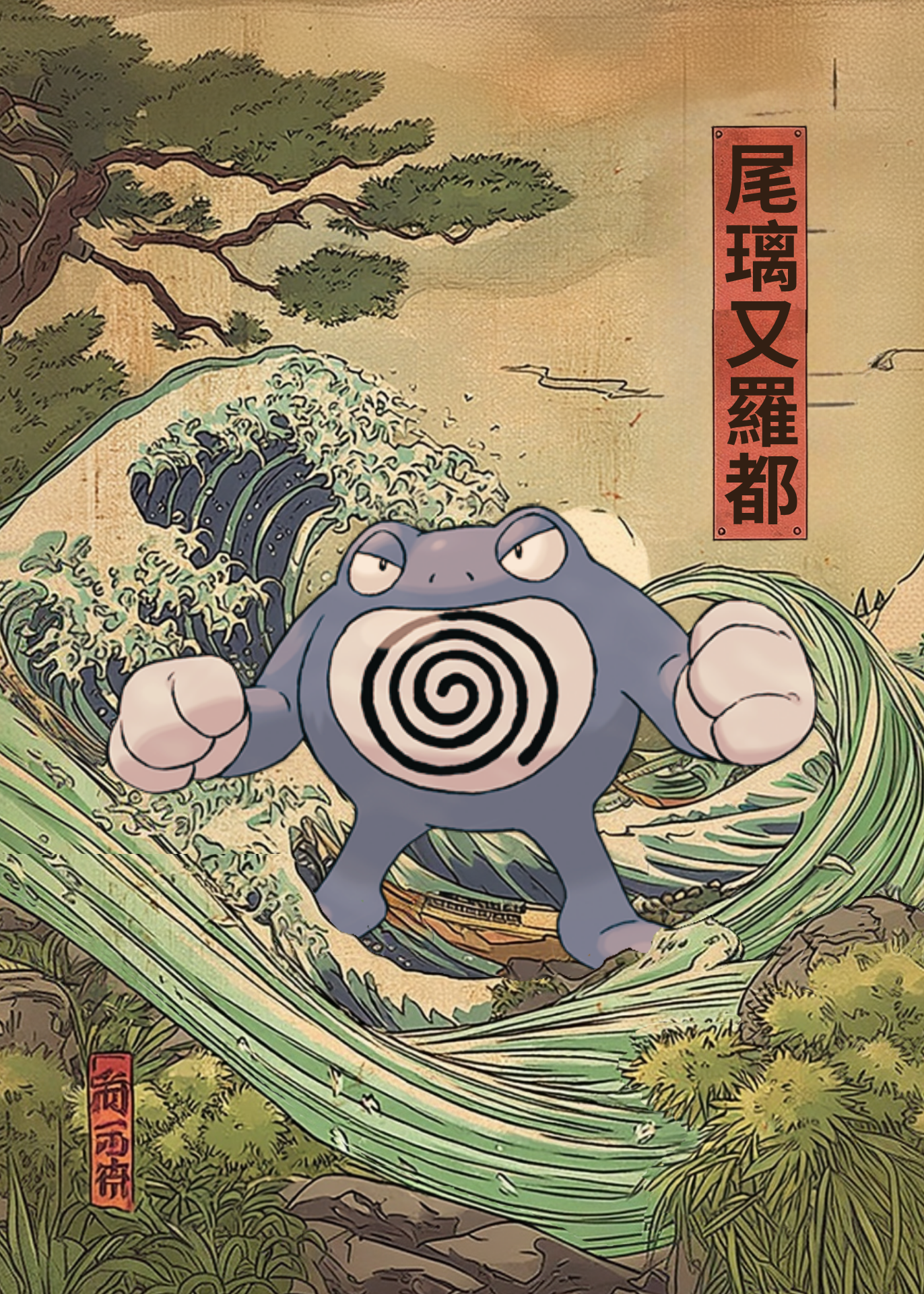 Poliwrath Pokemon character on a wave with Japanese text and traditional art style