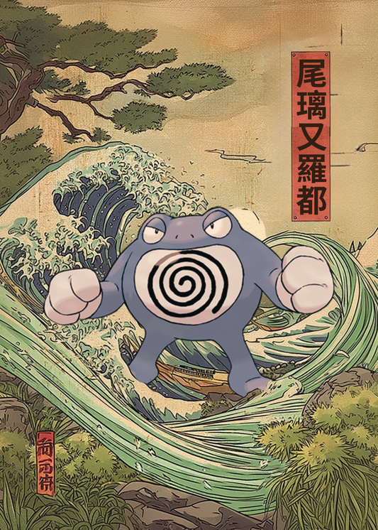 Poliwrath Pokemon character on a wave with Japanese text and traditional art style