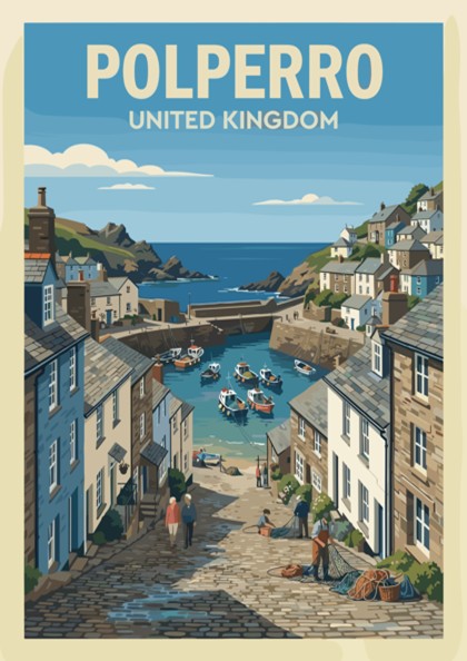 Poster of Polperro United Kingdom featuring a harbour with boats and stone houses