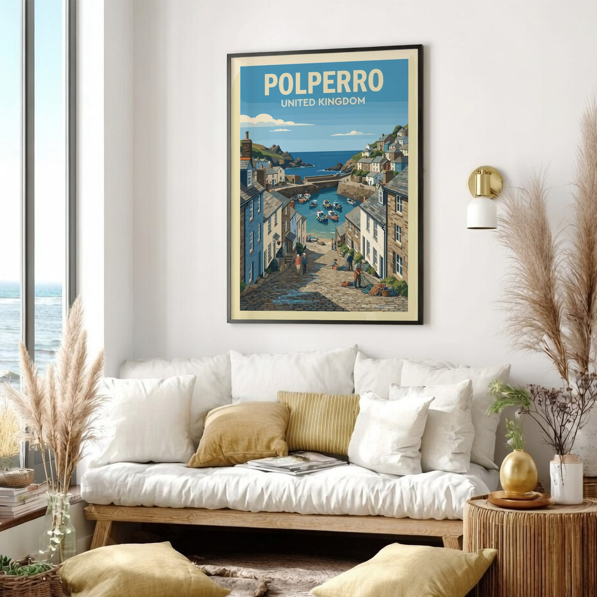 Poster of Polperro United Kingdom featuring a harbour with boats and stone houses