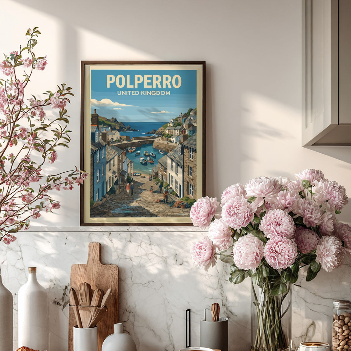 Poster of Polperro United Kingdom featuring a harbour with boats and stone houses