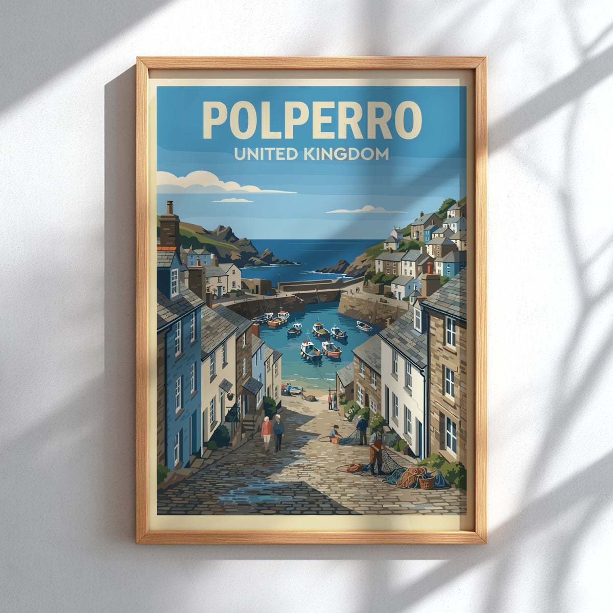 Poster of Polperro United Kingdom featuring a harbour with boats and stone houses