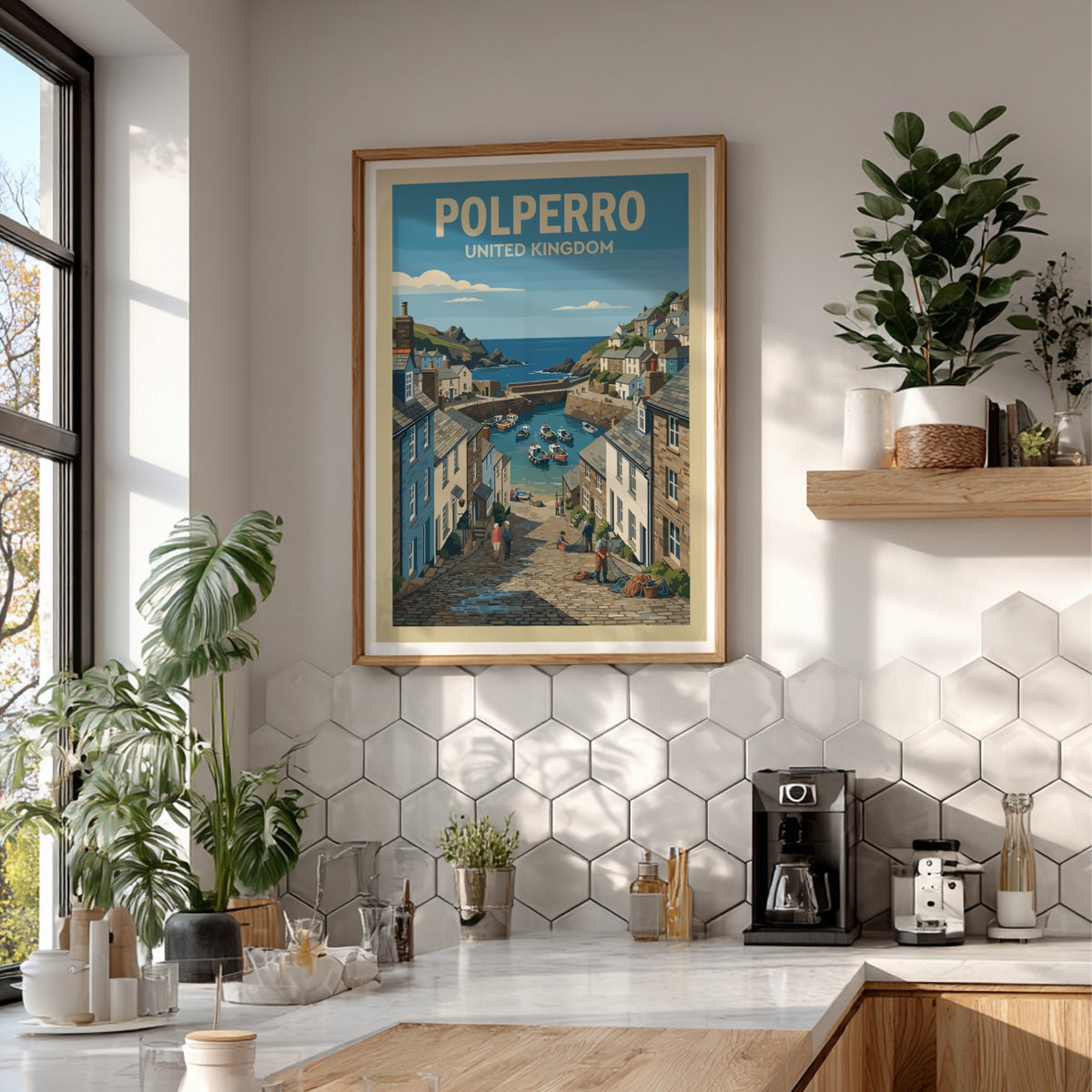 Poster of Polperro United Kingdom featuring a harbour with boats and stone houses
