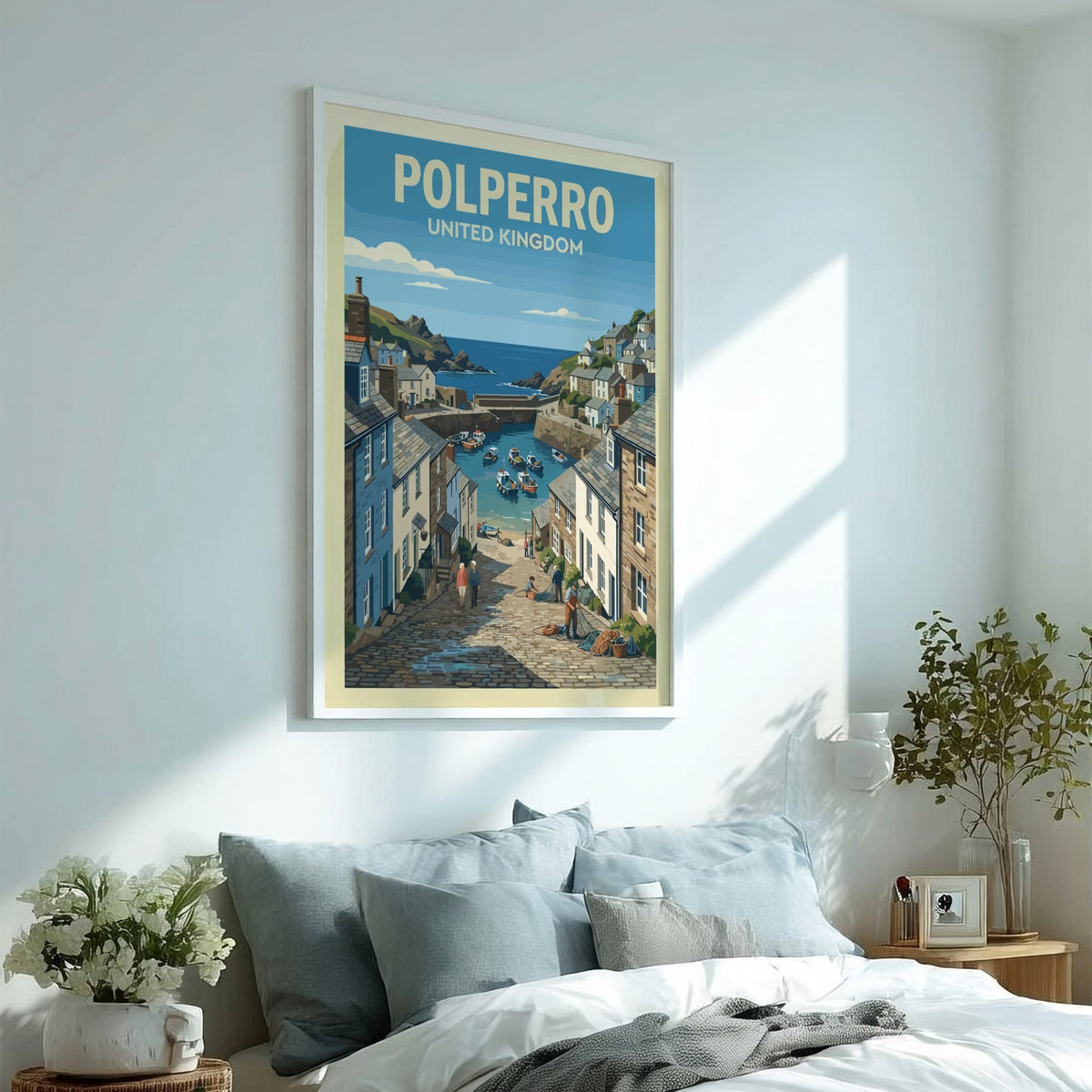 Poster of Polperro United Kingdom featuring a harbour with boats and stone houses