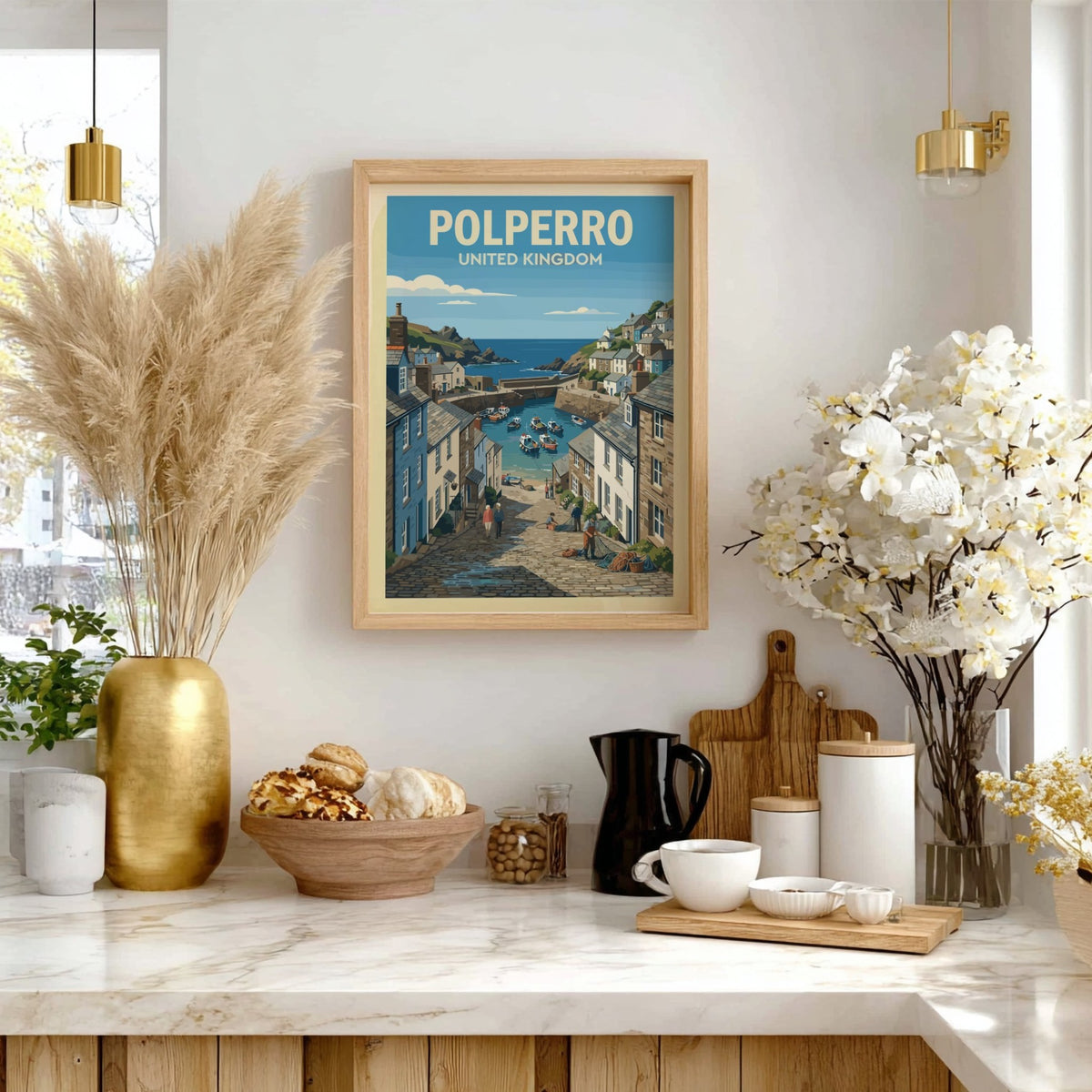 Poster of Polperro United Kingdom featuring a harbour with boats and stone houses