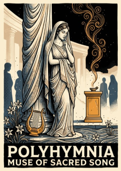 Poster featuring Polyhymnia the muse of sacred song in a classical Greek style