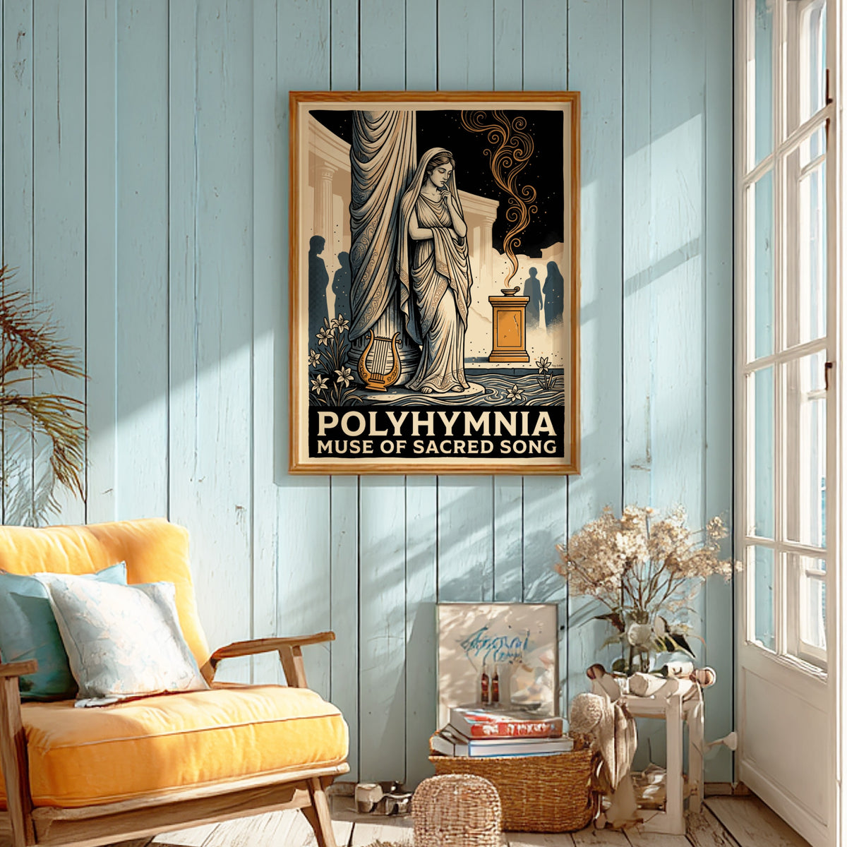 Poster featuring Polyhymnia the muse of sacred song in a classical Greek style