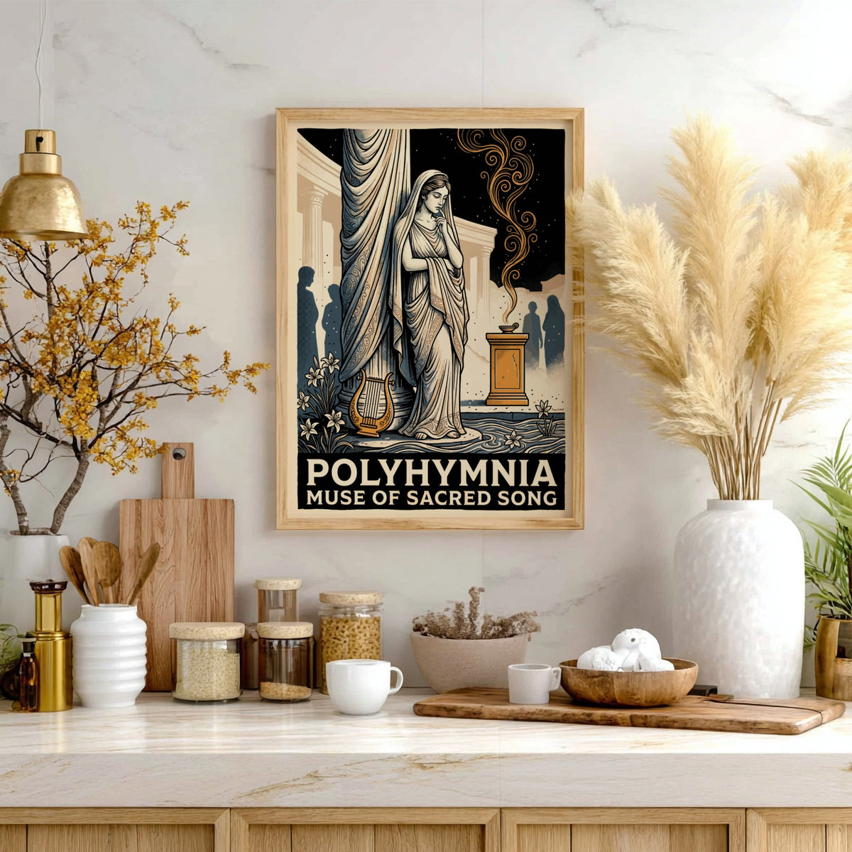 Poster featuring Polyhymnia the muse of sacred song in a classical Greek style