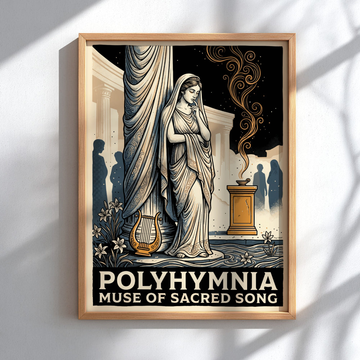 Poster featuring Polyhymnia the muse of sacred song in a classical Greek style