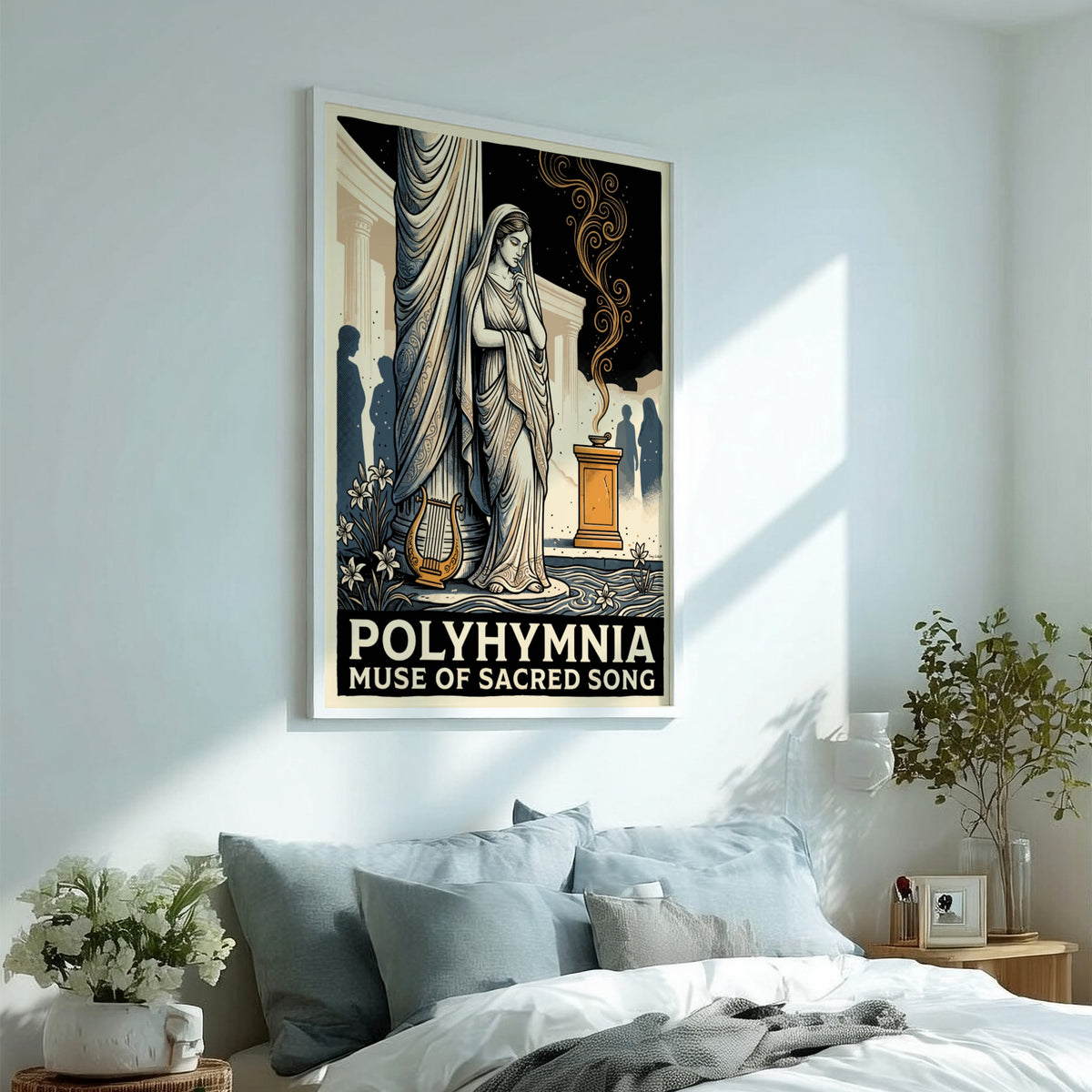 Poster featuring Polyhymnia the muse of sacred song in a classical Greek style