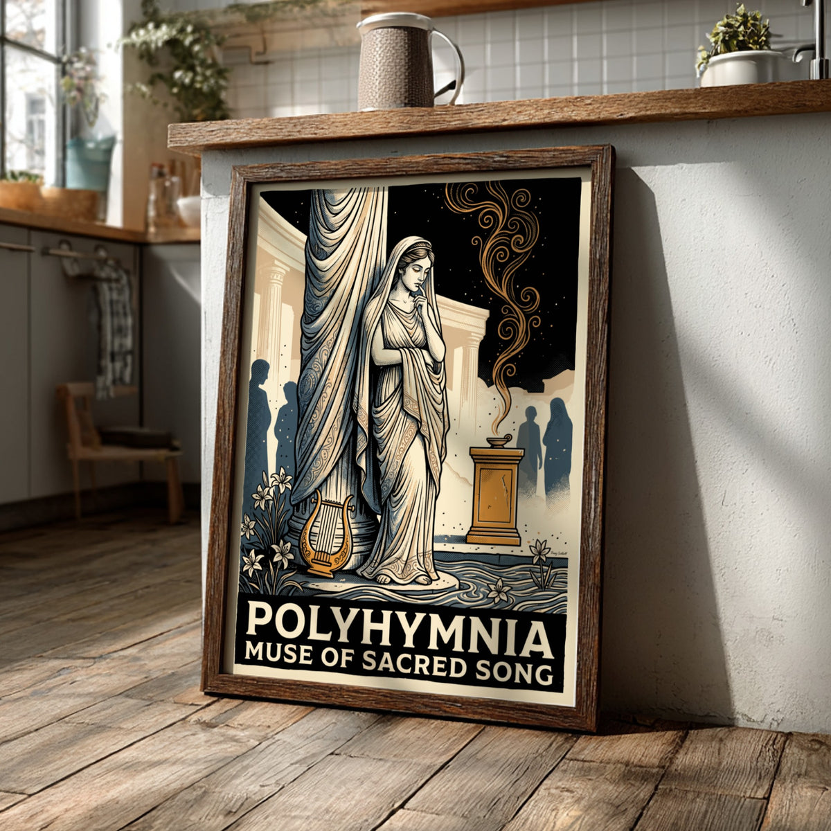 Poster featuring Polyhymnia the muse of sacred song in a classical Greek style