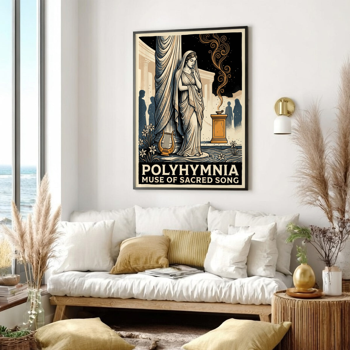Poster featuring Polyhymnia the muse of sacred song in a classical Greek style