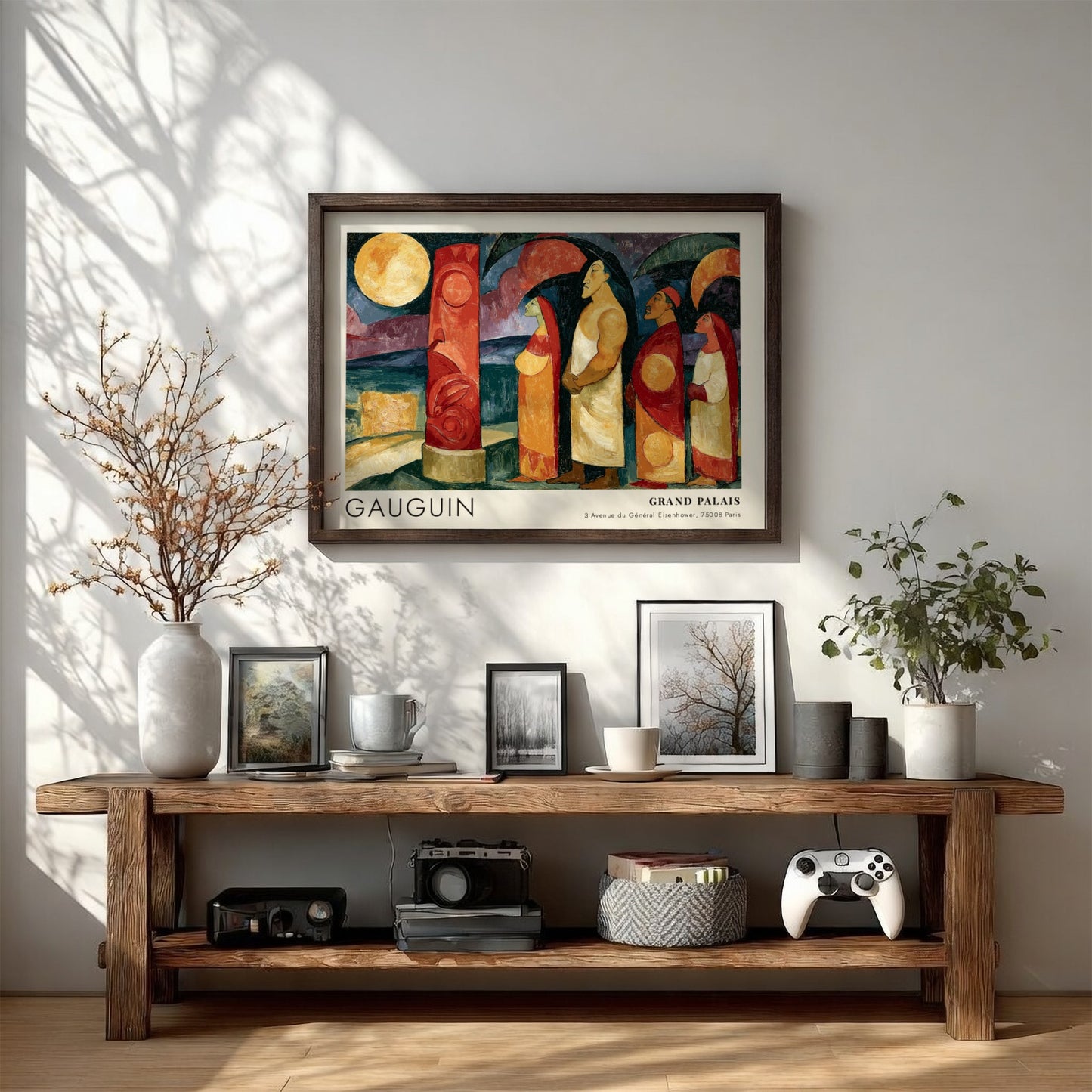 Wall art poster featuring Gauguin Polynesie L'Au-Dela exhibition design with figures and pillar