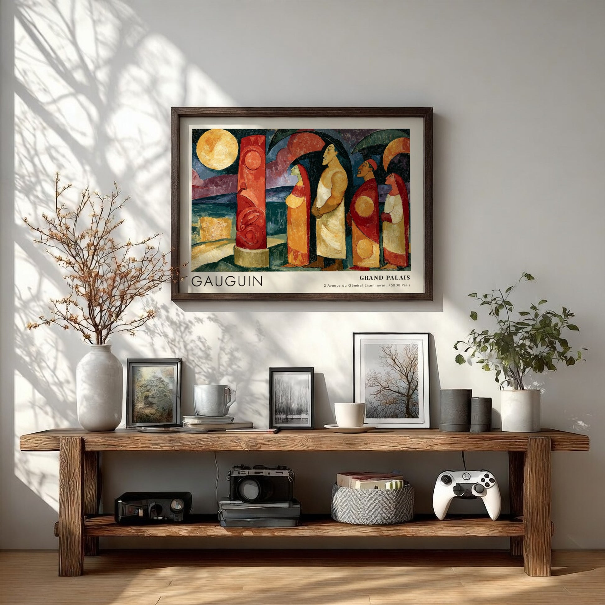 Wall art poster featuring Gauguin Polynesie L'Au-Dela exhibition design with figures and pillar