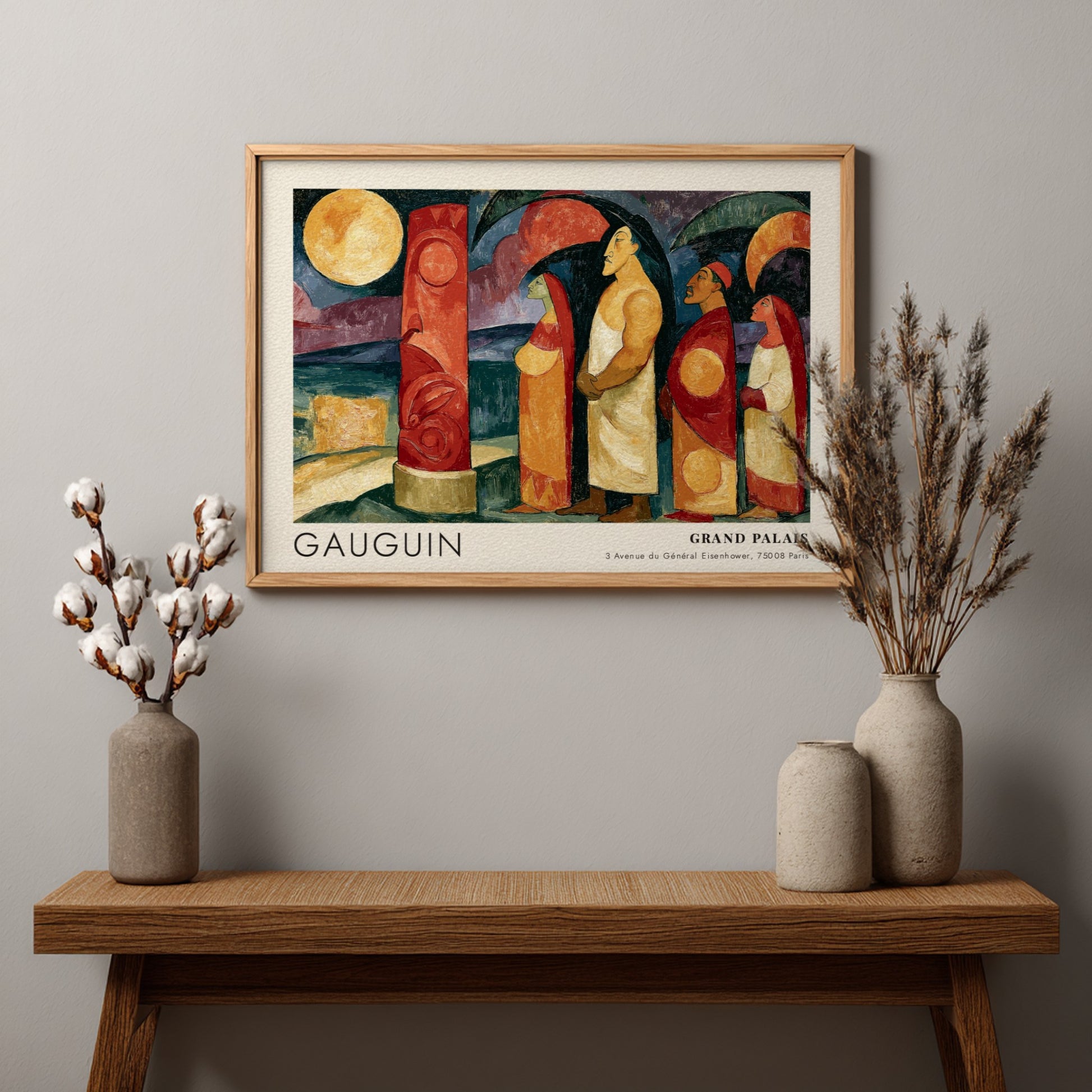 Wall art poster featuring Gauguin Polynesie L'Au-Dela exhibition design with figures and pillar