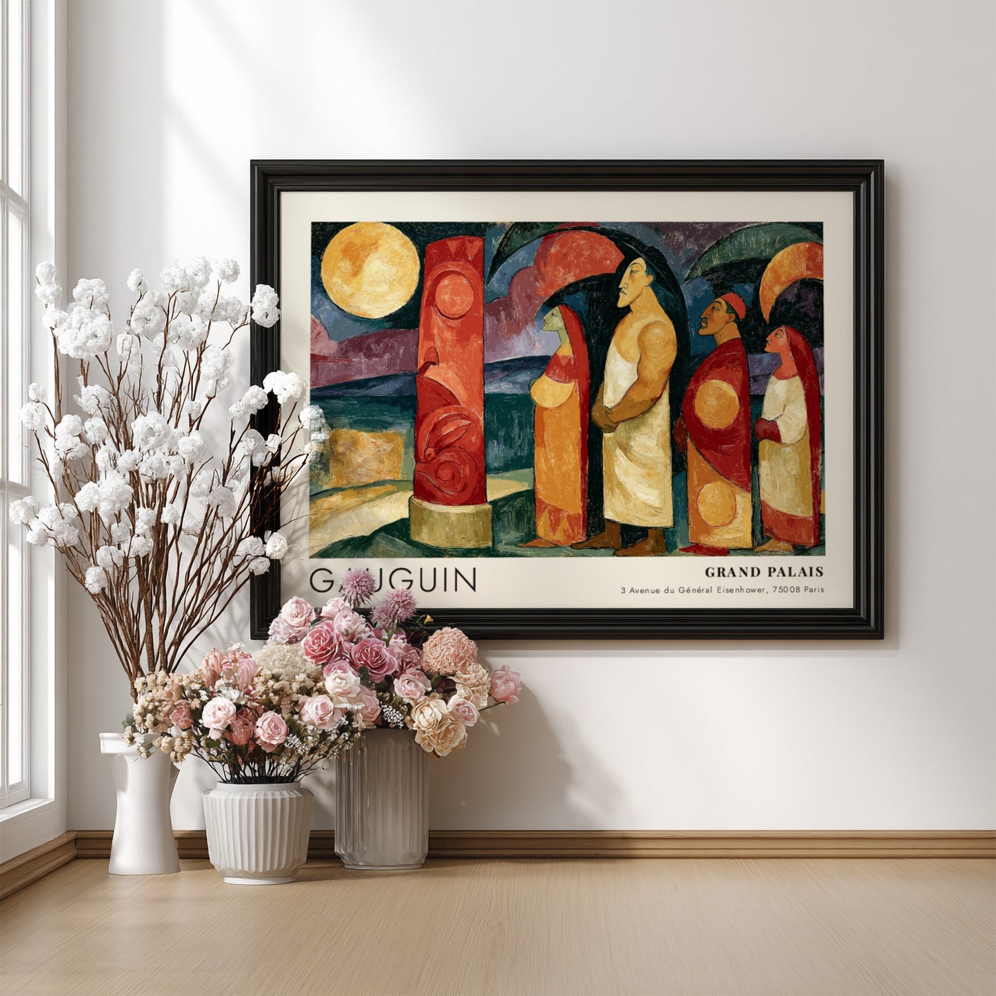 Wall art poster featuring Gauguin Polynesie L'Au-Dela exhibition design with figures and pillar