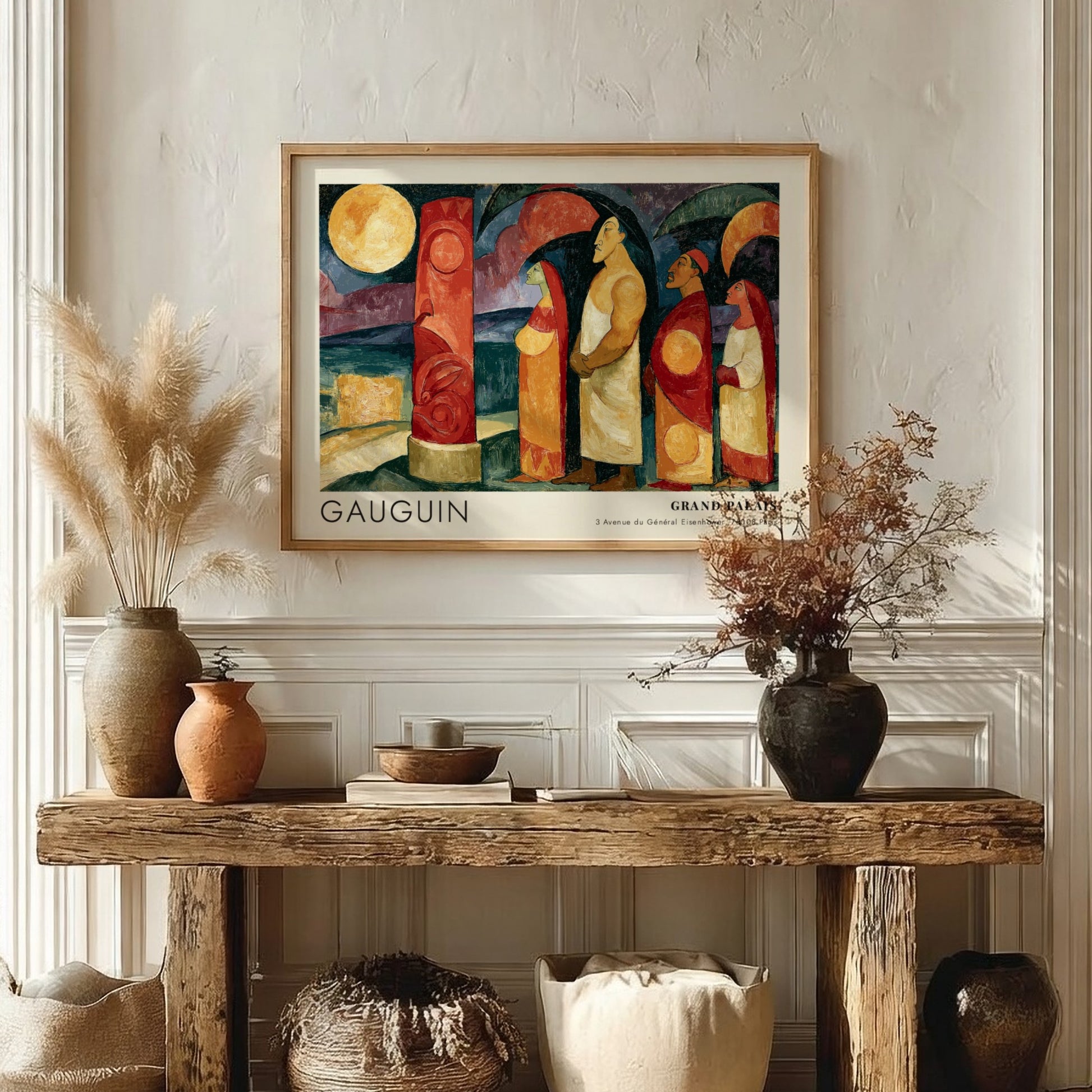 Wall art poster featuring Gauguin Polynesie L'Au-Dela exhibition design with figures and pillar