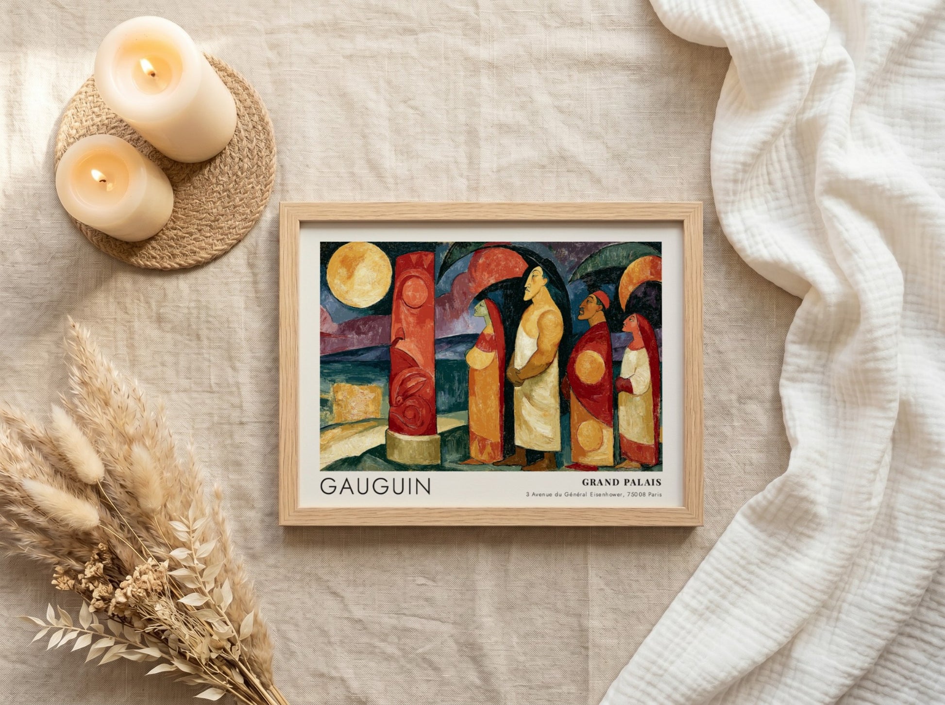 Wall art poster featuring Gauguin Polynesie L'Au-Dela exhibition design with figures and pillar