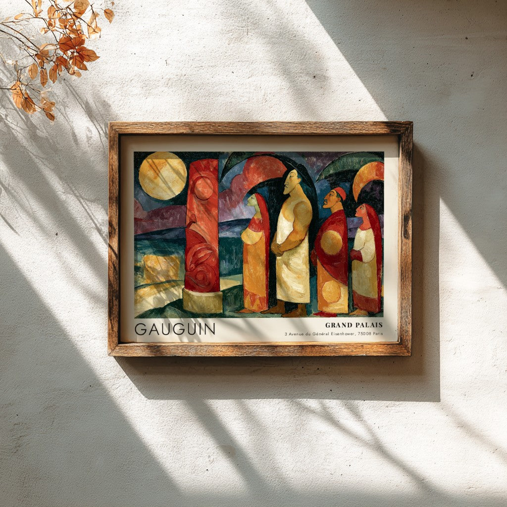 Wall art poster featuring Gauguin Polynesie L'Au-Dela exhibition design with figures and pillar
