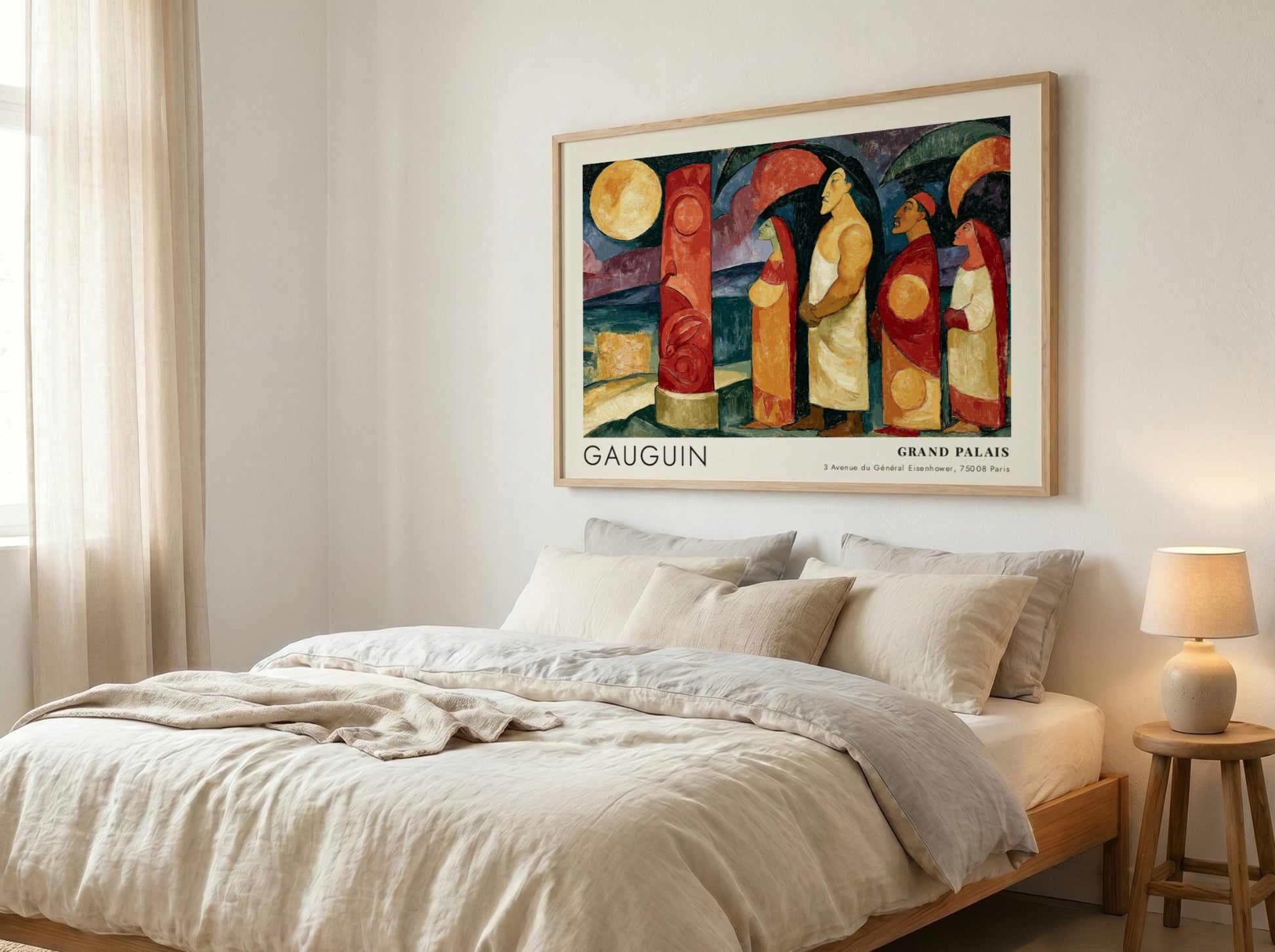 Wall art poster featuring Gauguin Polynesie L'Au-Dela exhibition design with figures and pillar