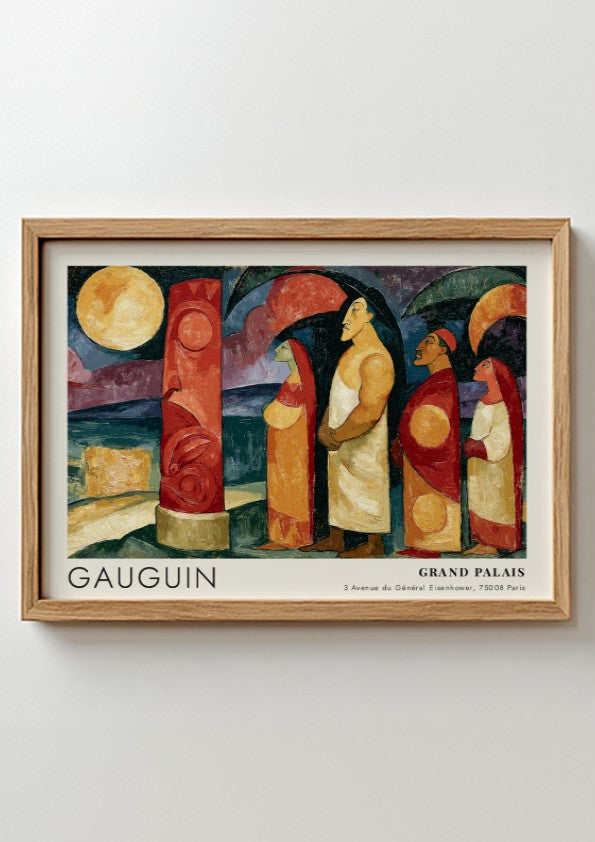 Wall art poster featuring Gauguin Polynesie L'Au-Dela exhibition design with figures and pillar