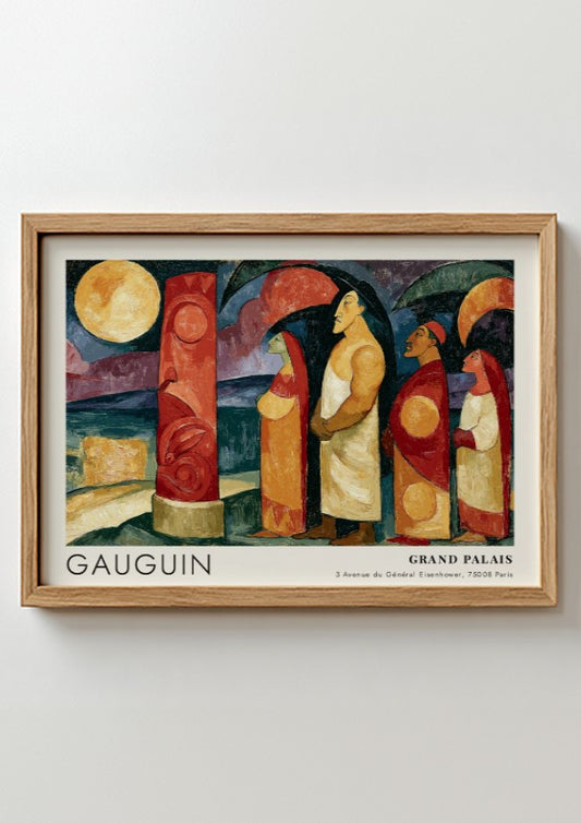 Wall art poster featuring Gauguin Polynesie L'Au-Dela exhibition design with figures and pillar