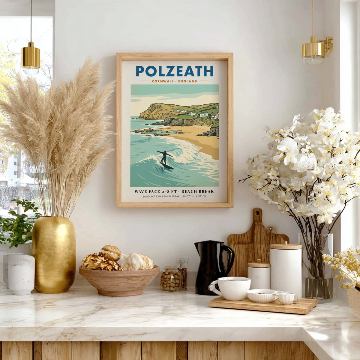 Poster of a lone surfer at Polzeath, Cornwall with cliffs and coastal cottages.