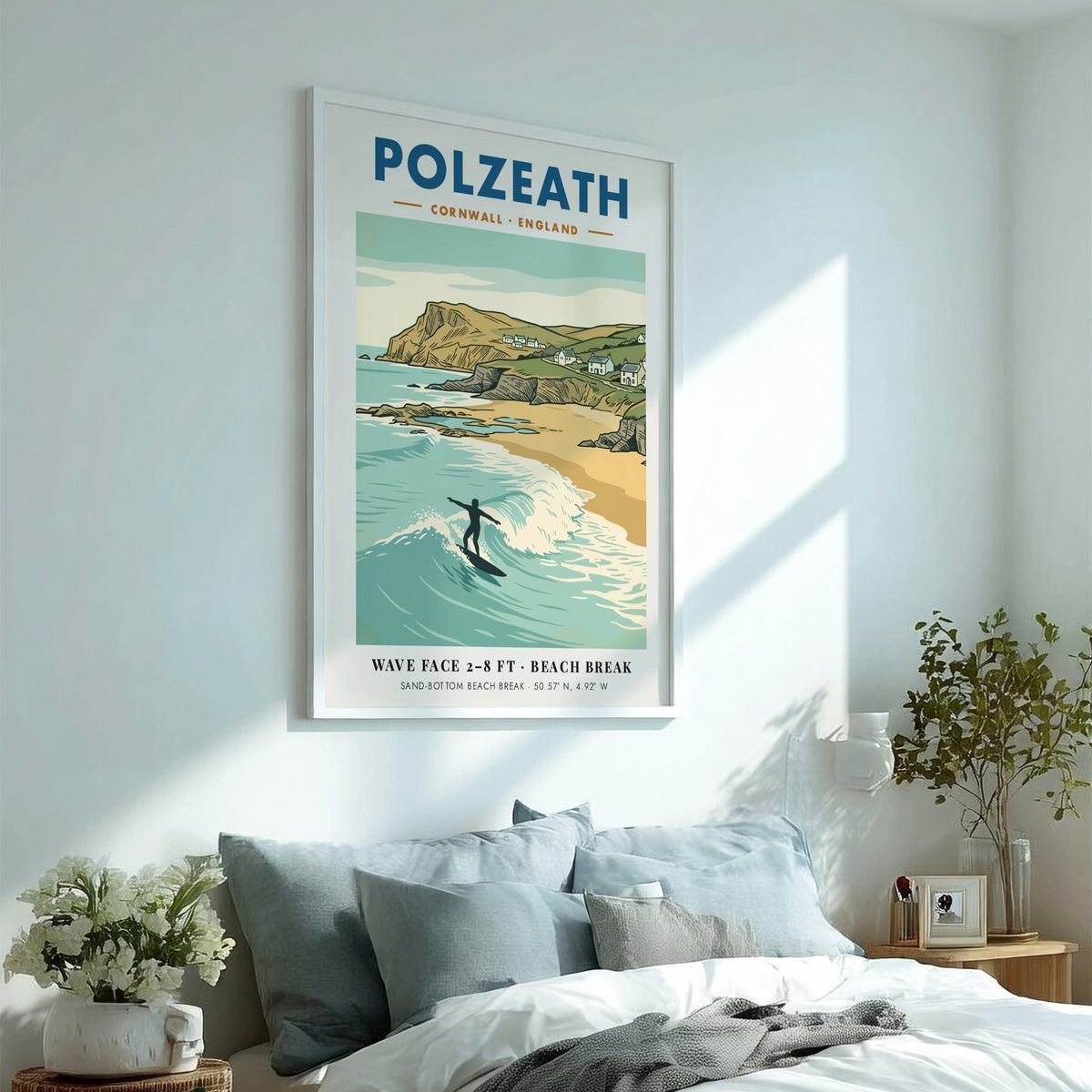 Poster of a lone surfer at Polzeath, Cornwall with cliffs and coastal cottages.