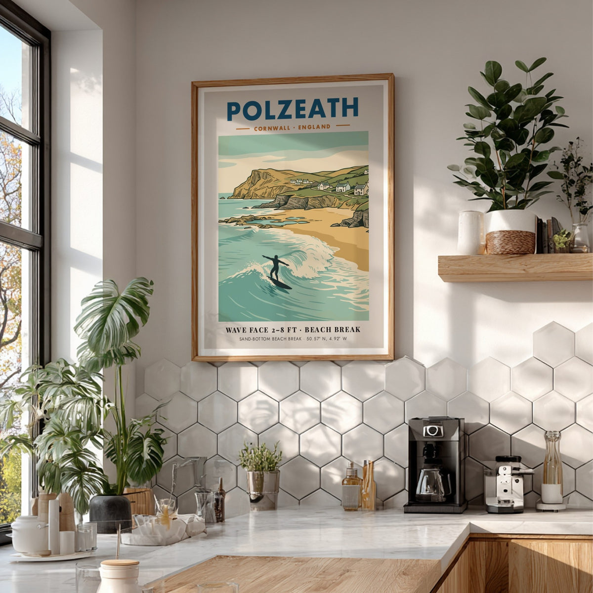 Poster of a lone surfer at Polzeath, Cornwall with cliffs and coastal cottages.