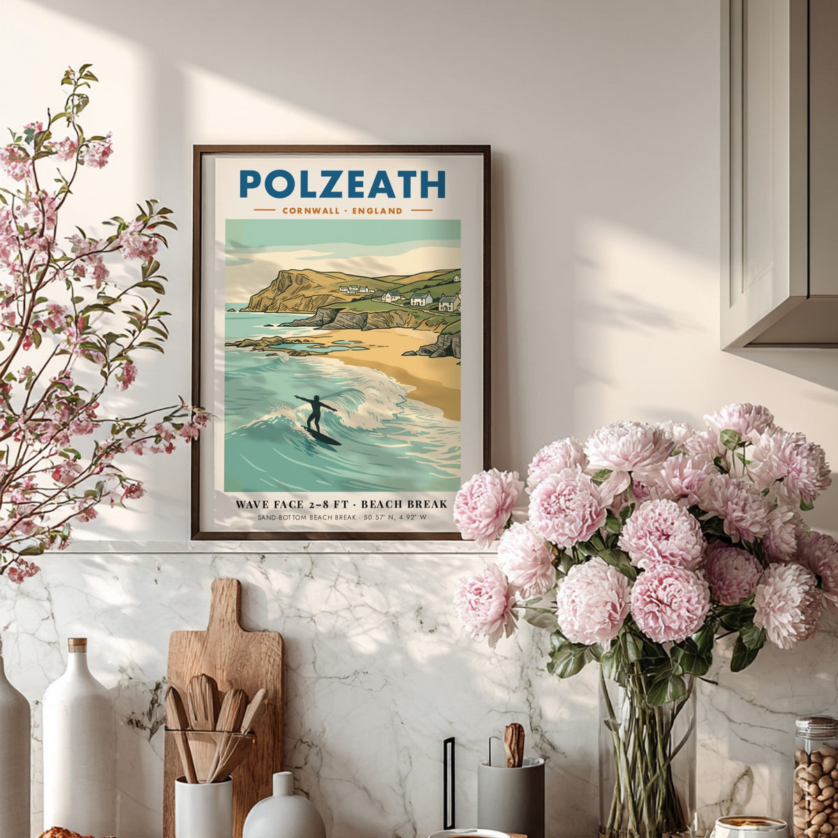 Poster of a lone surfer at Polzeath, Cornwall with cliffs and coastal cottages.