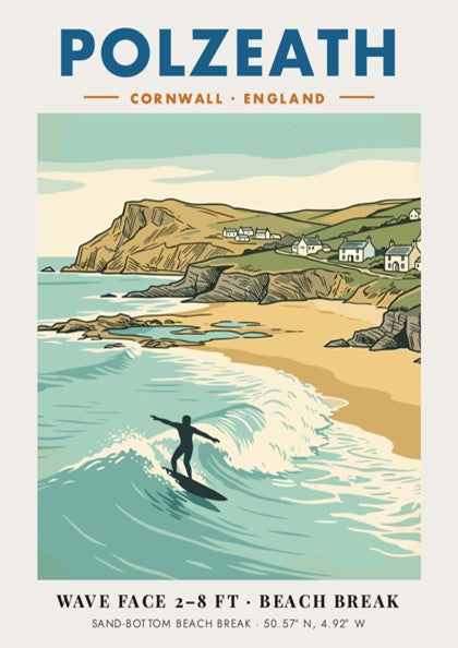 Poster of a lone surfer at Polzeath, Cornwall with cliffs and coastal cottages.