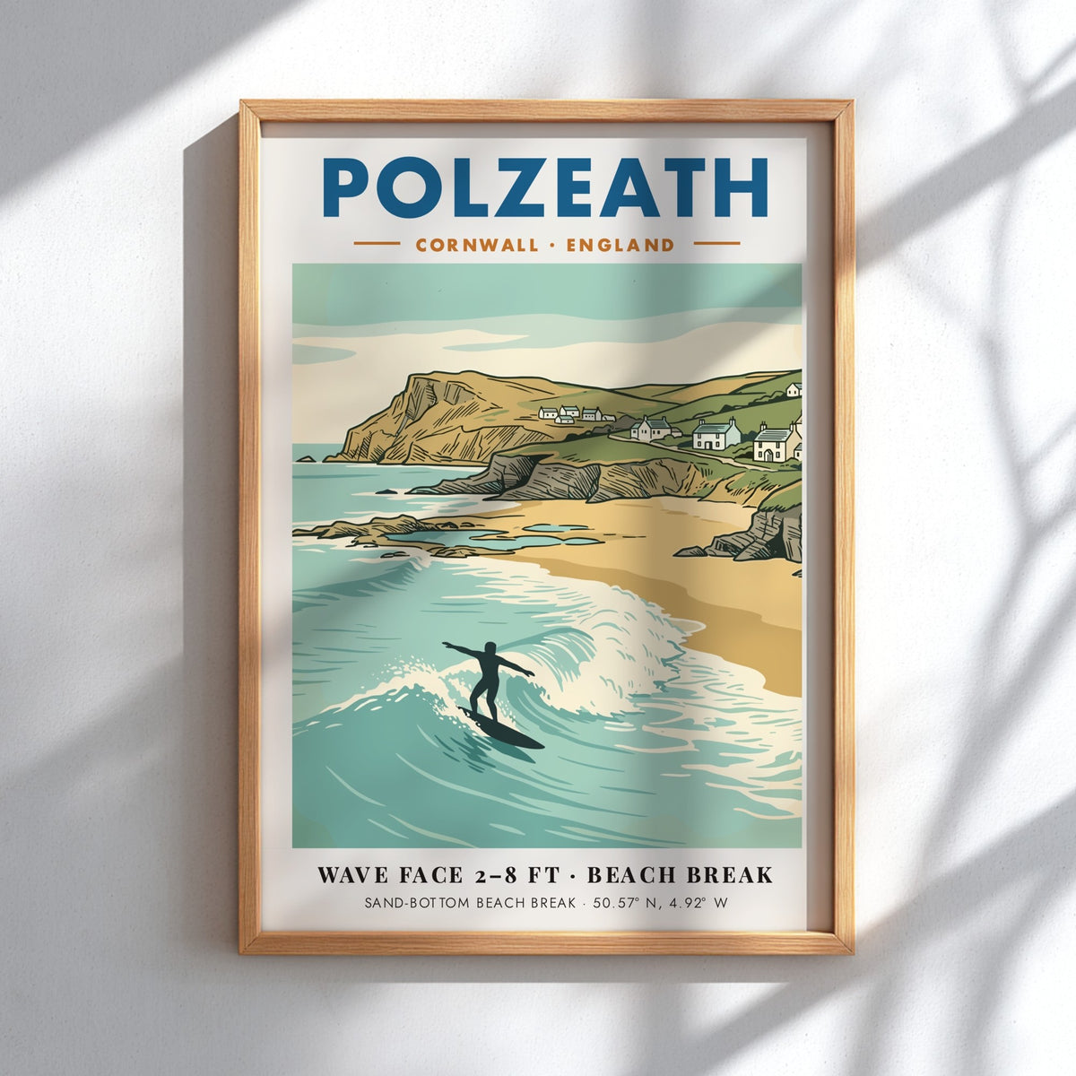 Poster of a lone surfer at Polzeath, Cornwall with cliffs and coastal cottages.