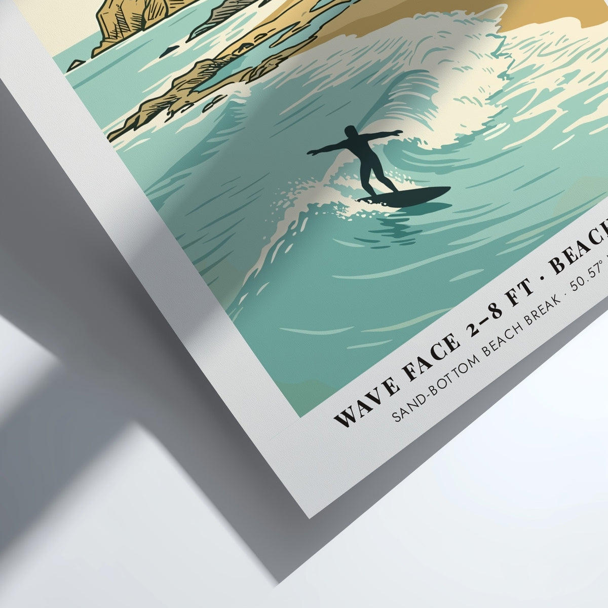 Poster of a lone surfer at Polzeath, Cornwall with cliffs and coastal cottages.