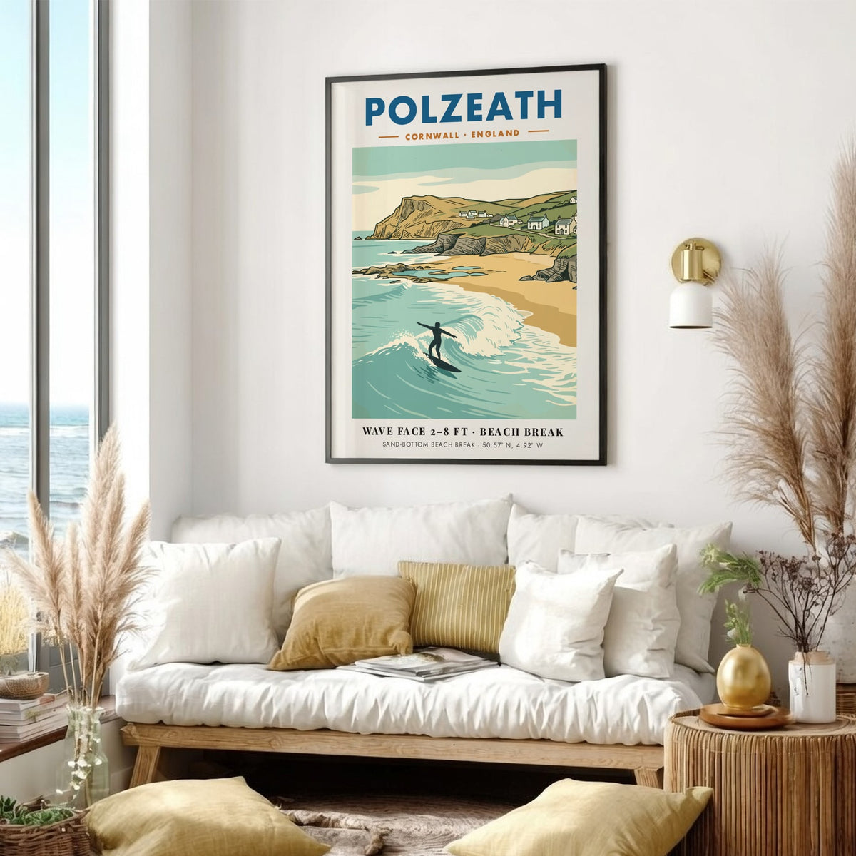 Poster of a lone surfer at Polzeath, Cornwall with cliffs and coastal cottages.