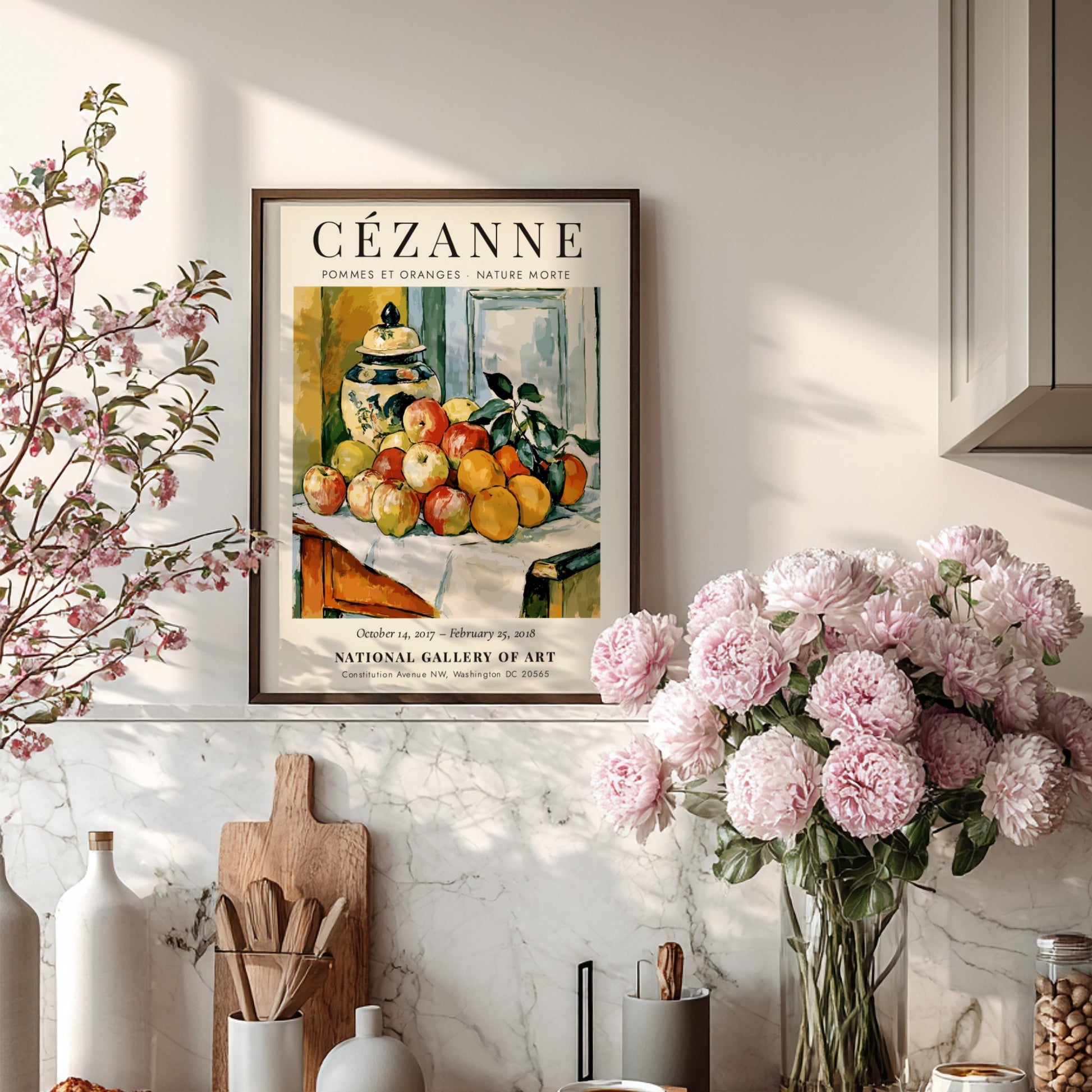 Cézanne Exhibition Poster featuring Pommes et Oranges with vibrant apples and oranges in a still life