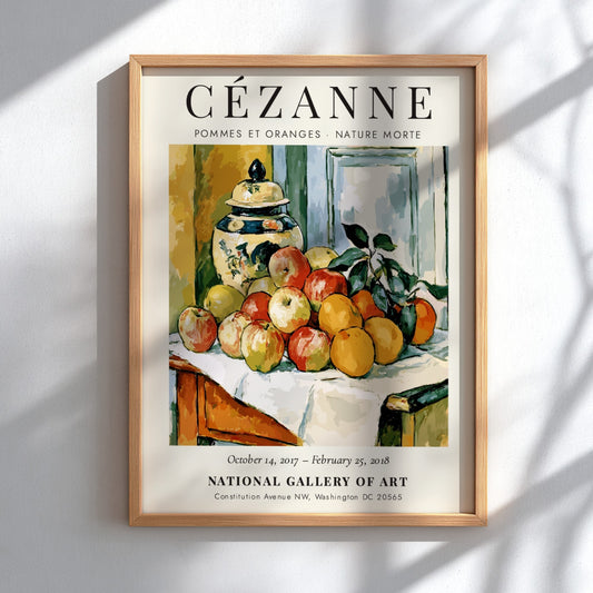 Cézanne Exhibition Poster featuring Pommes et Oranges with vibrant apples and oranges in a still life