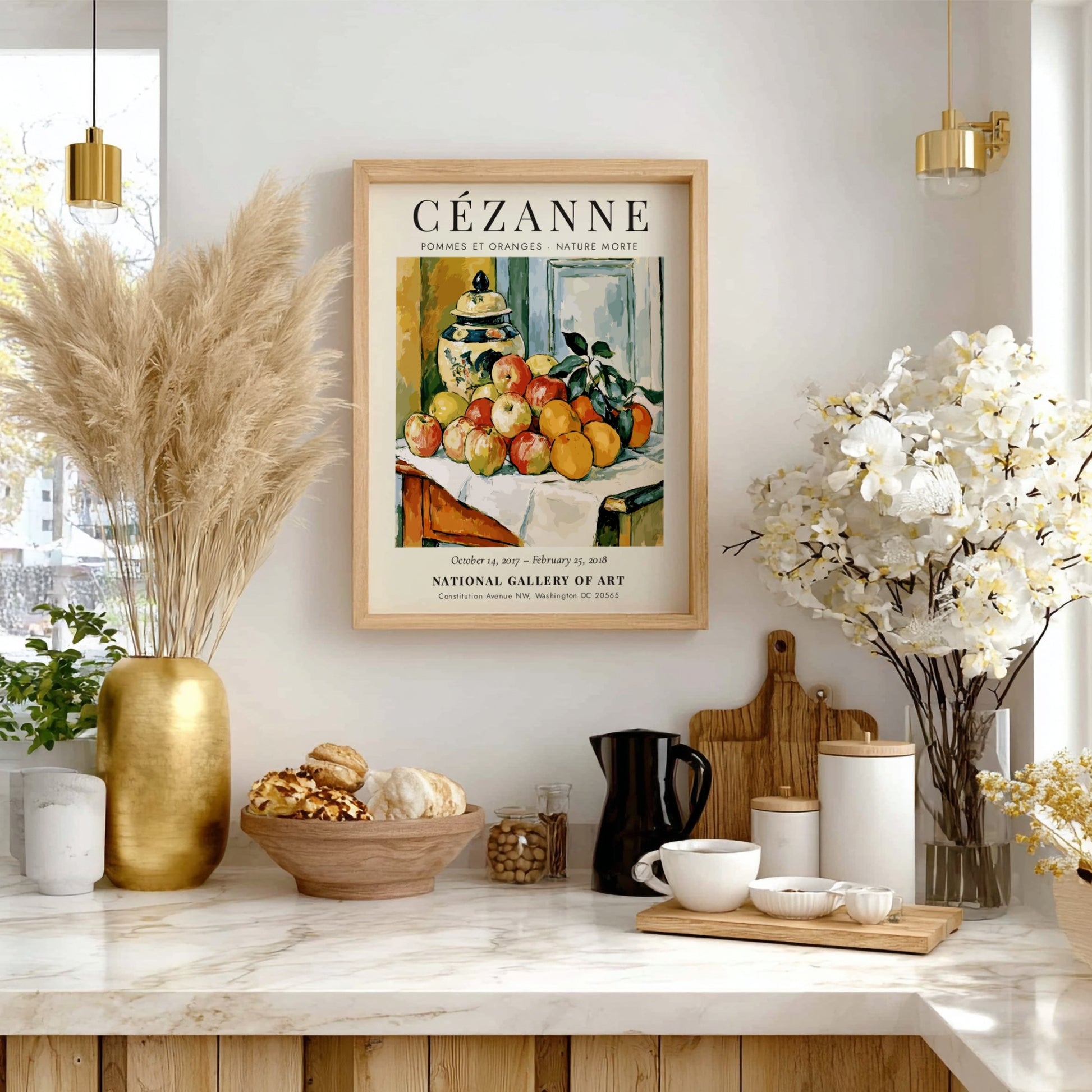 Cézanne Exhibition Poster featuring Pommes et Oranges with vibrant apples and oranges in a still life